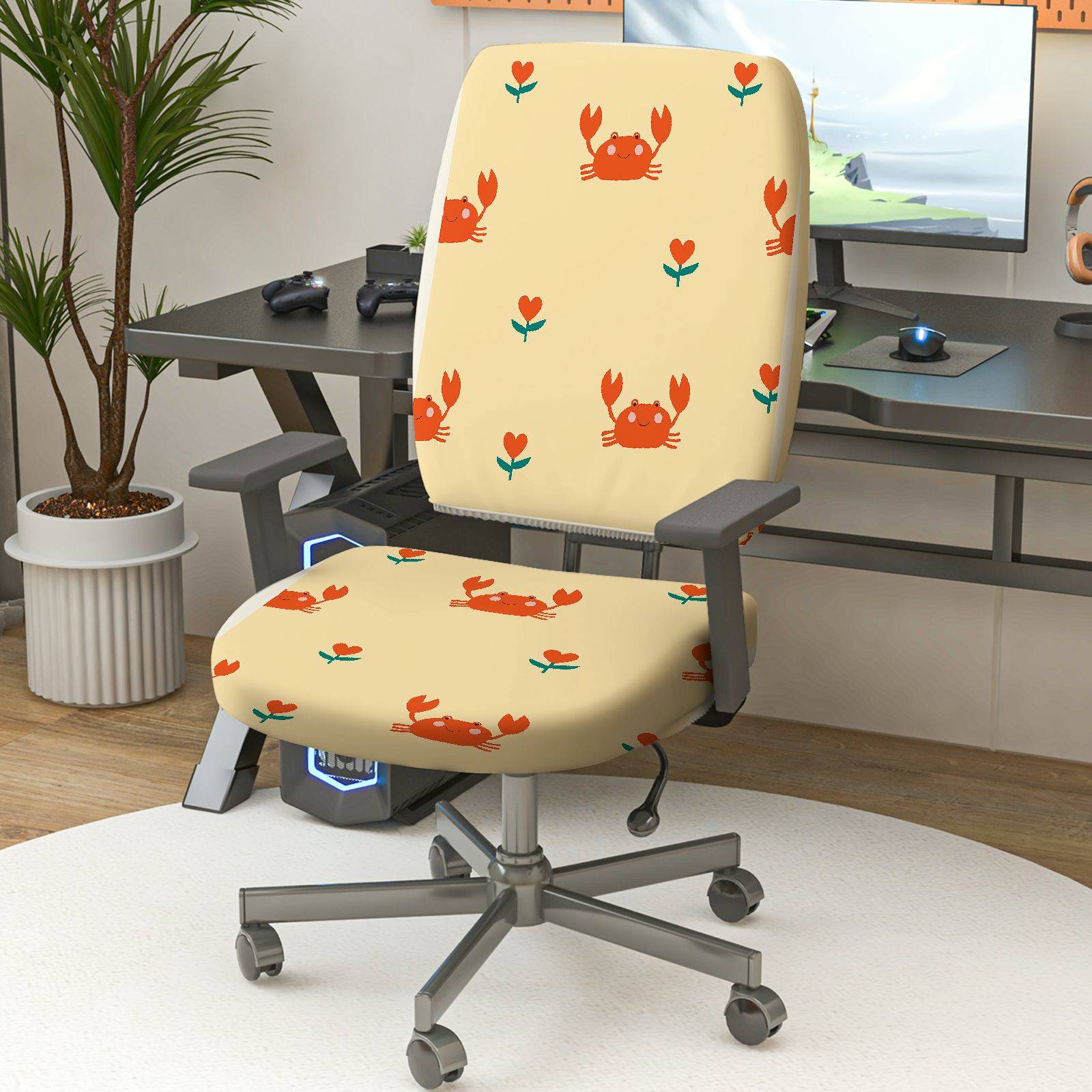 2-Piece Crab Flower Pattern Cute  Computer Chair Cover Set, Seat and Backrest