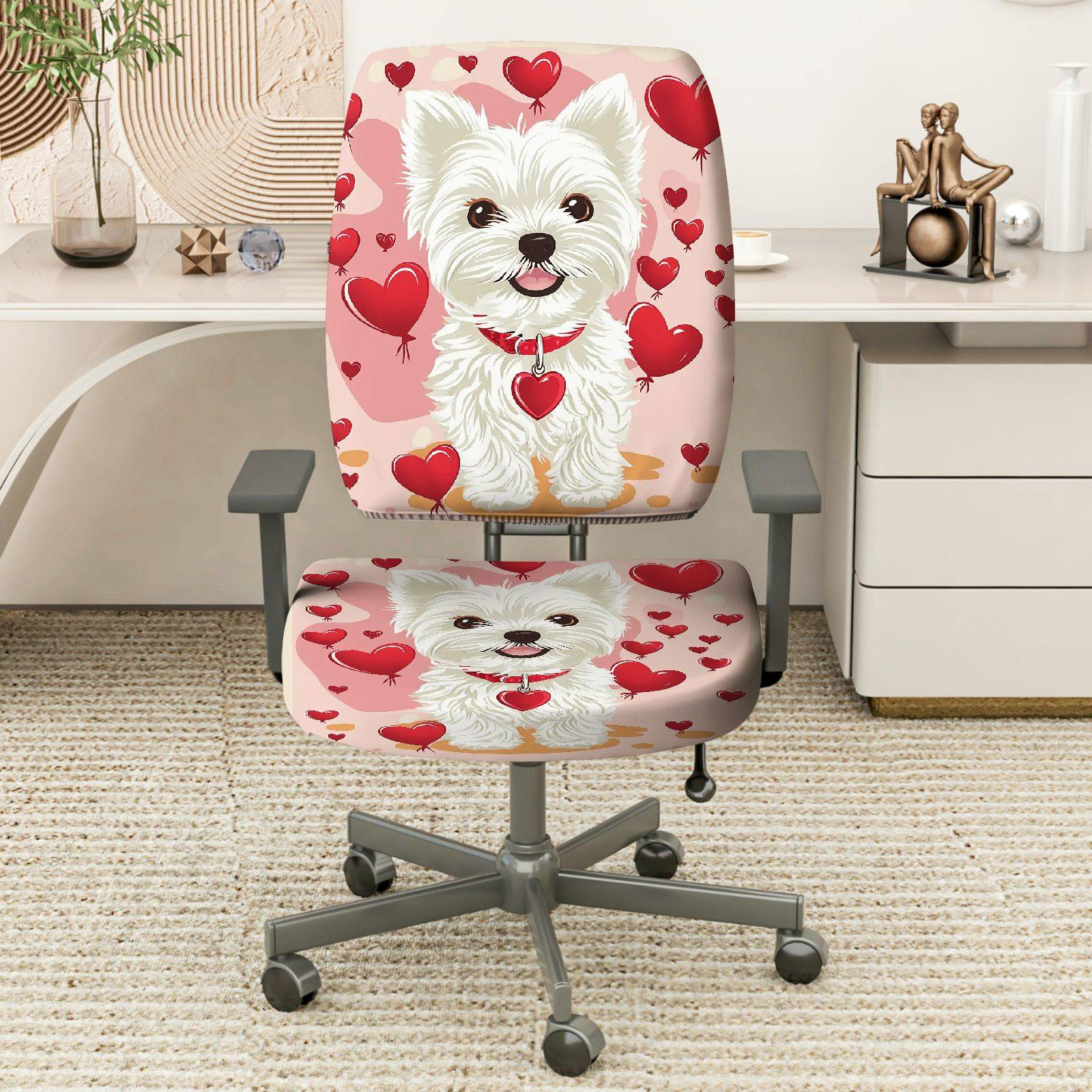 2-Piece Cute Valentine Dog Heart Love Romantic  Computer Chair Cover Set, Seat and Backrest