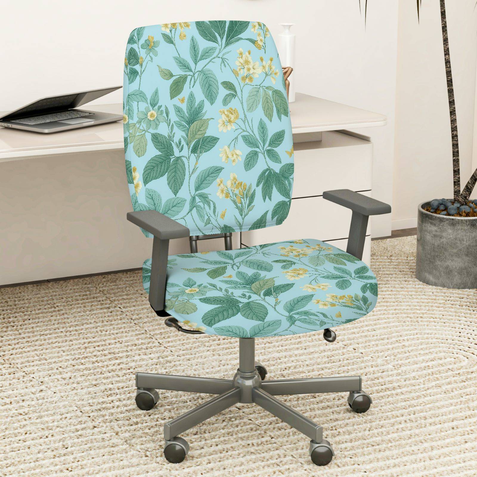 2-Piece Floral Green Yellow Botanical Pattern  Computer Chair Cover Set, Seat and Backrest