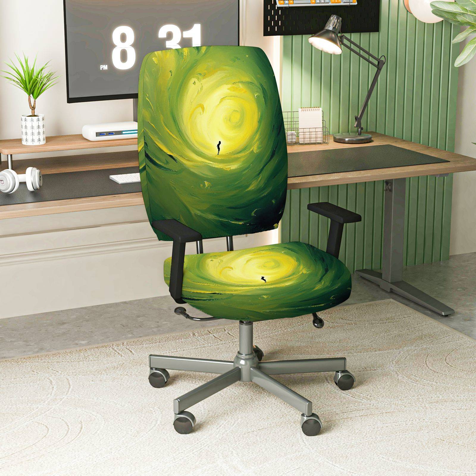 2-Piece Abstract Swirl Art Green Yellow  Computer Chair Cover Set, Seat and Backrest