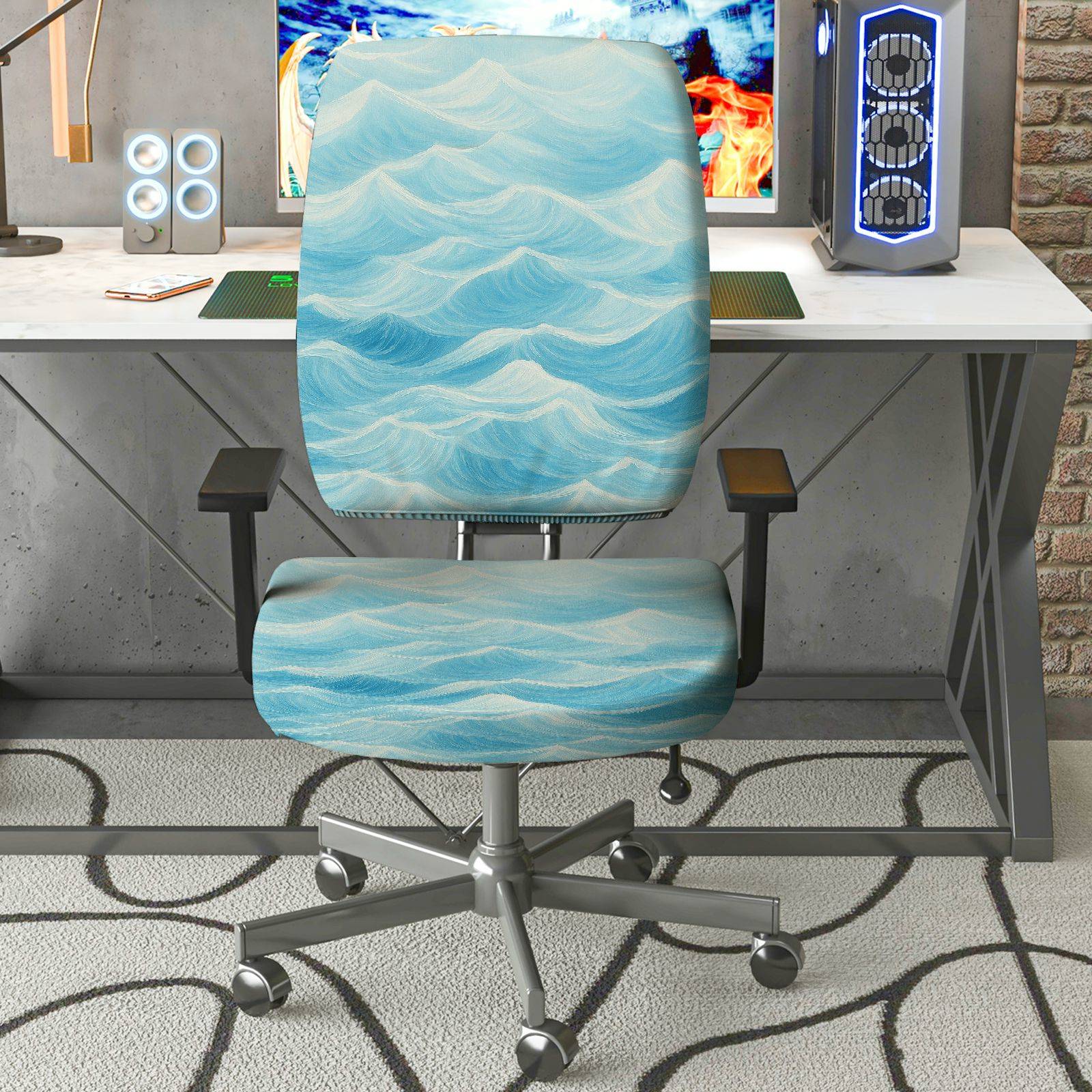 2-Piece Abstract Ocean Wave Blue Pattern  Computer Chair Cover Set, Seat and Backrest