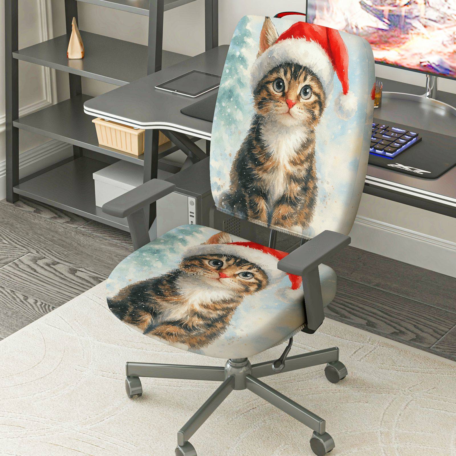 2-Piece Christmas Santa Claus Cat Snow Winter  Computer Chair Cover Set, Seat and Backrest