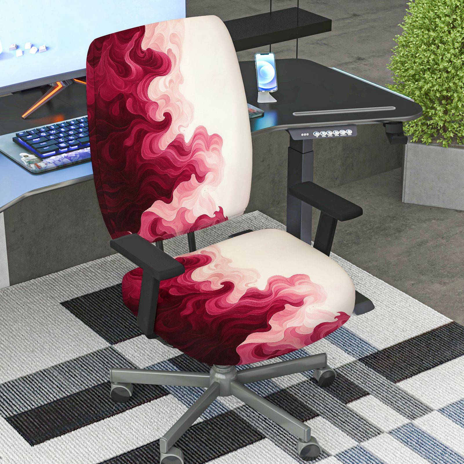 2-Piece Abstract Swirl Marble Red Modern  Computer Chair Cover Set, Seat and Backrest