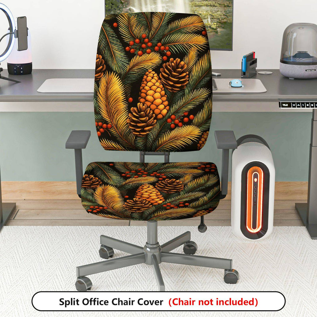 2-Piece Christmas Pinecone Berry Leaf Holiday  Computer Chair Cover Set, Seat and Backrest