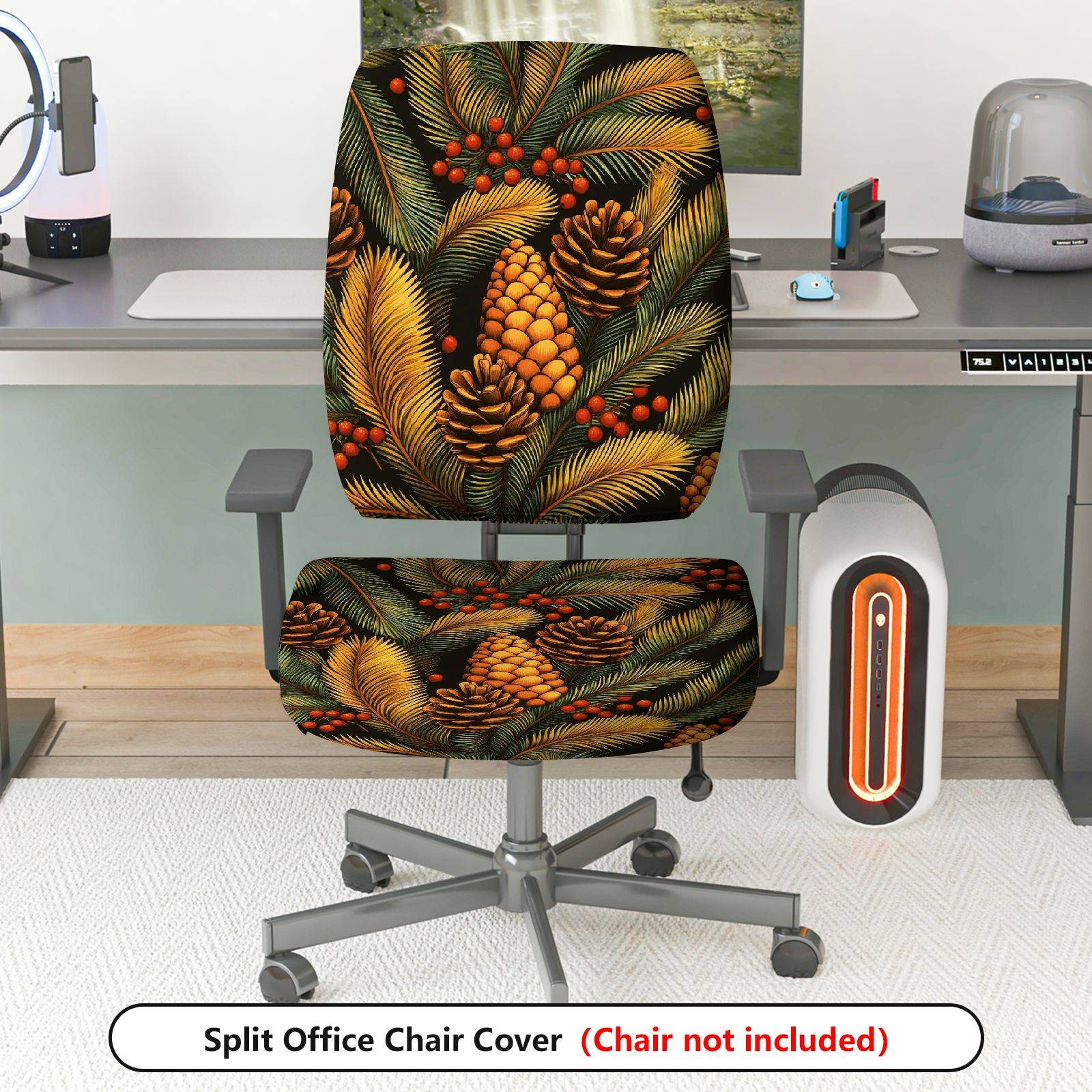 2-Piece Christmas Pinecone Berry Leaf Holiday  Computer Chair Cover Set, Seat and Backrest