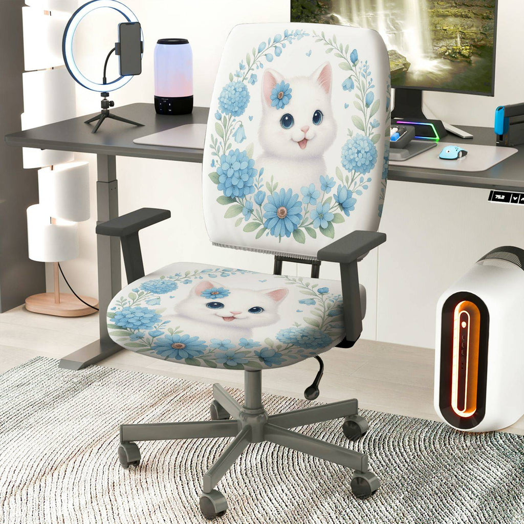 2-Piece Cute Floral Cat Pattern Printed  Computer Chair Cover Set, Seat and Backrest