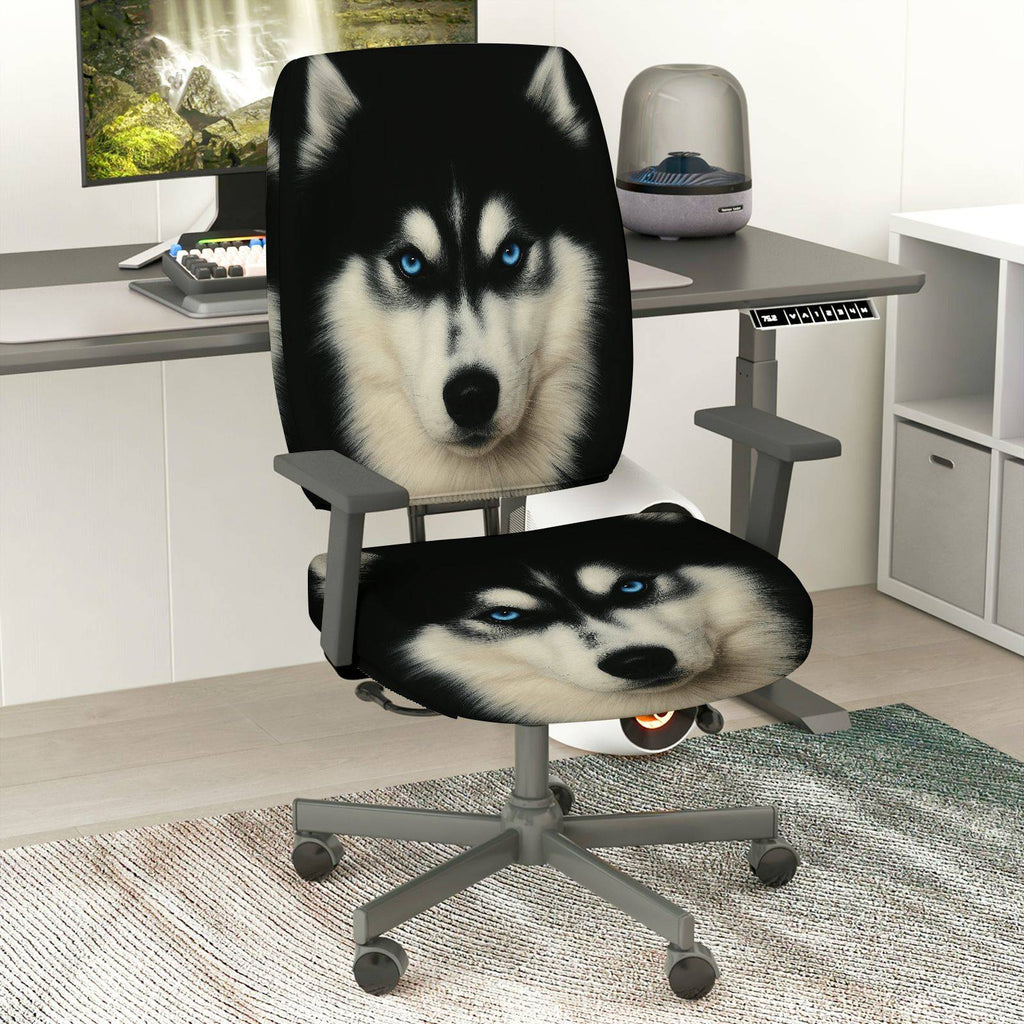 2-Piece Wolf Animal Art Blue Eyes Novelty Husky Dog  Computer Chair Cover Set, Seat and Backrest