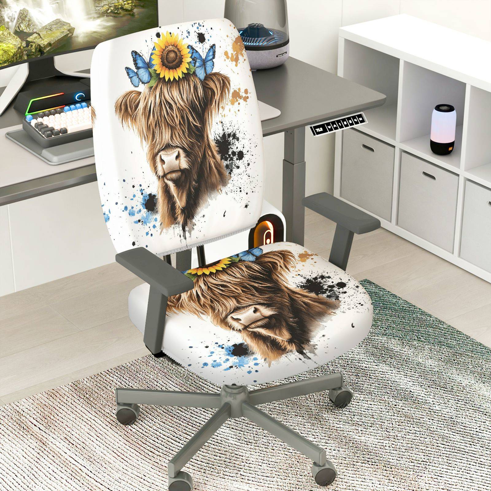 2-Piece Sunflower Butterfly Highland Cow Art  Computer Chair Cover Set, Seat and Backrest