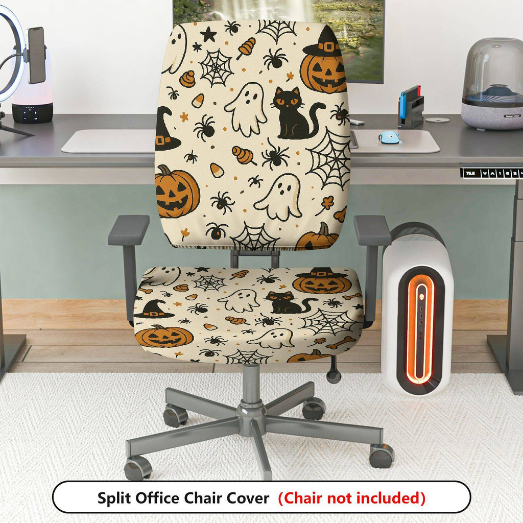 2-Piece Halloween Ghost Pumpkin Cat Spider Web  Computer Chair Cover Set, Seat and Backrest