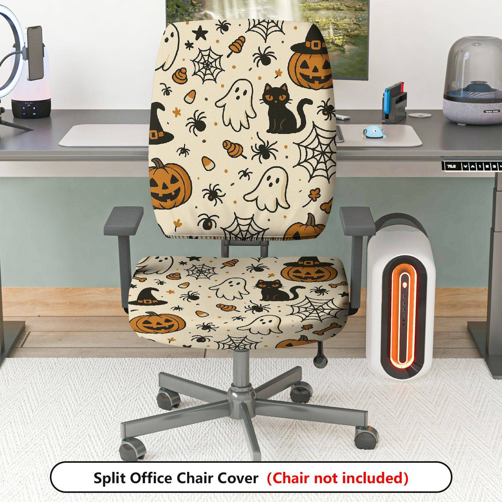 2-Piece Halloween Ghost Pumpkin Cat Spider Web  Computer Chair Cover Set, Seat and Backrest