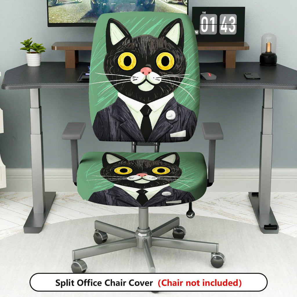 2-Piece Cat Business Suit Pattern Fun Creative Unique  Computer Chair Cover Set, Seat and Backrest