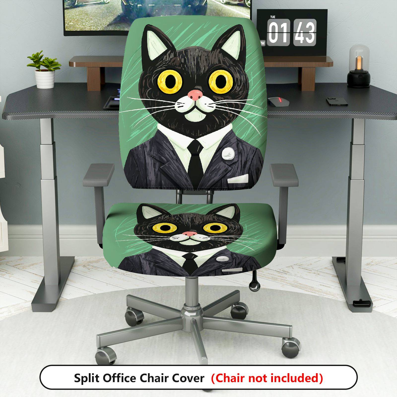 2-Piece Cat Business Suit Pattern Fun Creative Unique  Computer Chair Cover Set, Seat and Backrest