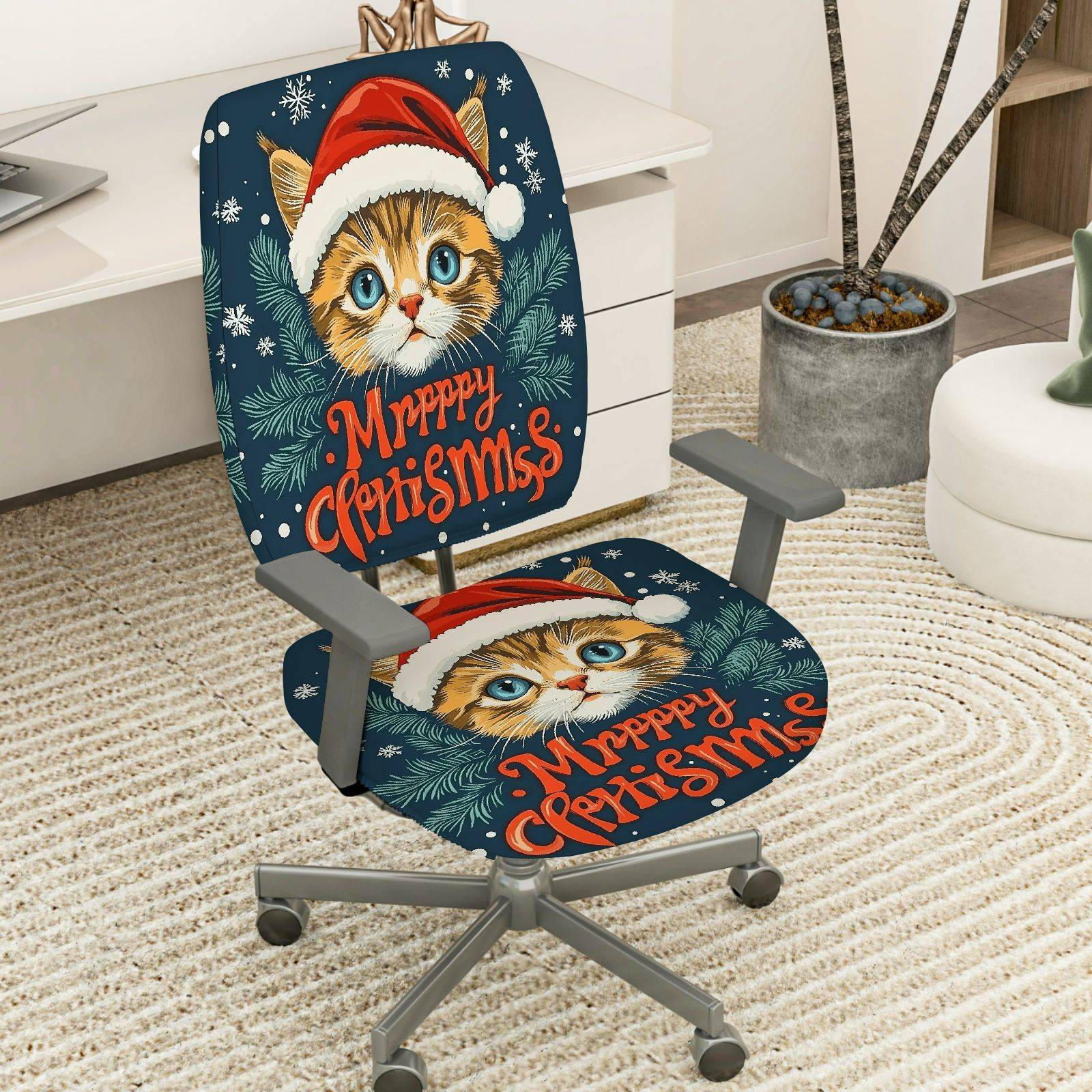 2-Piece Cute Cat Santa Hat Christmas Decorative Soft  Computer Chair Cover Set, Seat and Backrest