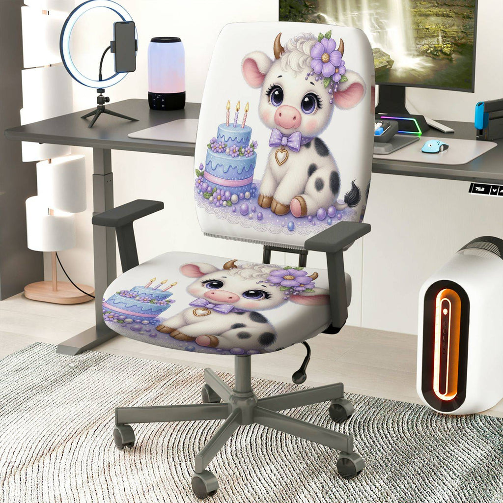 2-Piece Cow Birthday Celebration Cute Decorative  Computer Chair Cover Set, Seat and Backrest