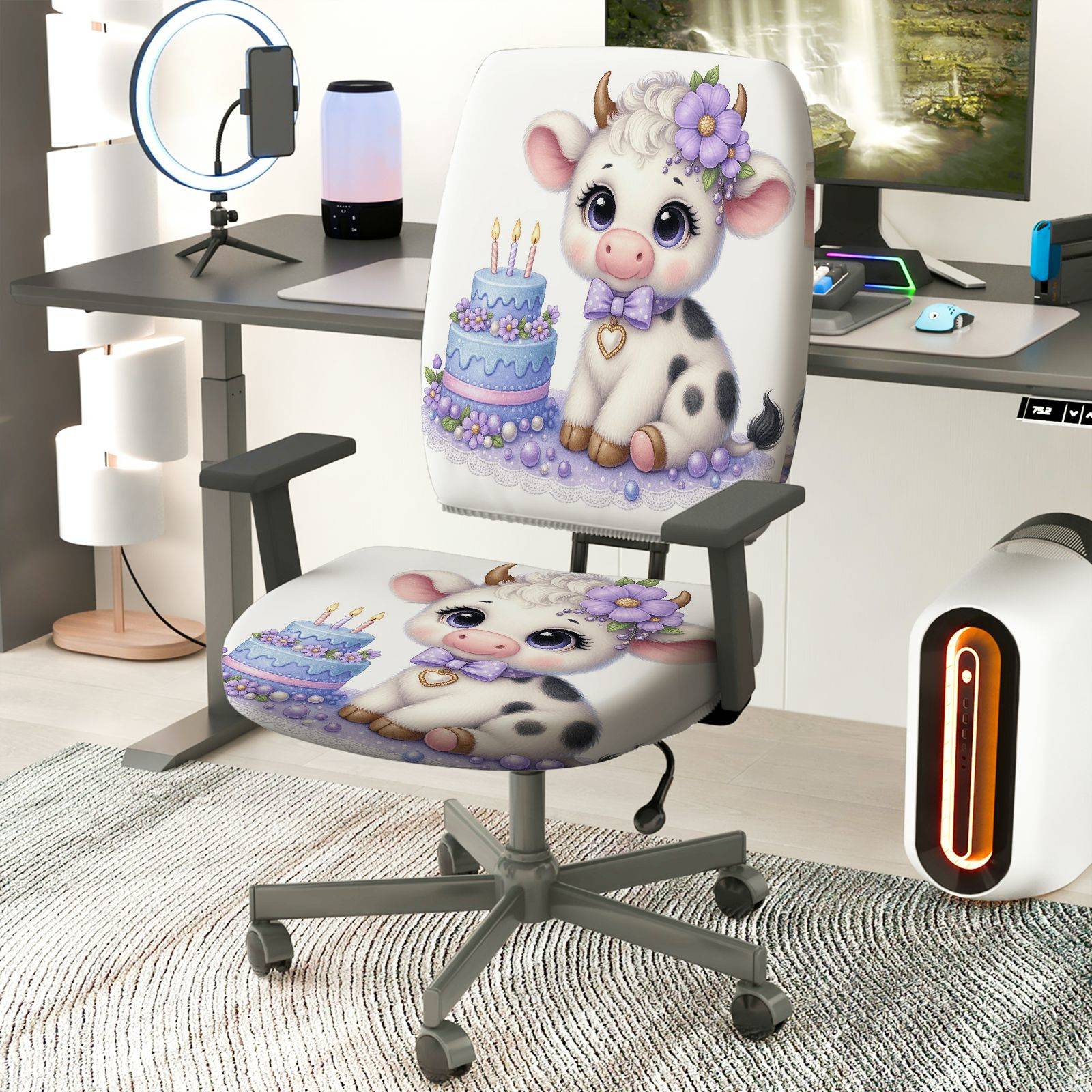 2-Piece Cow Birthday Celebration Cute Decorative  Computer Chair Cover Set, Seat and Backrest