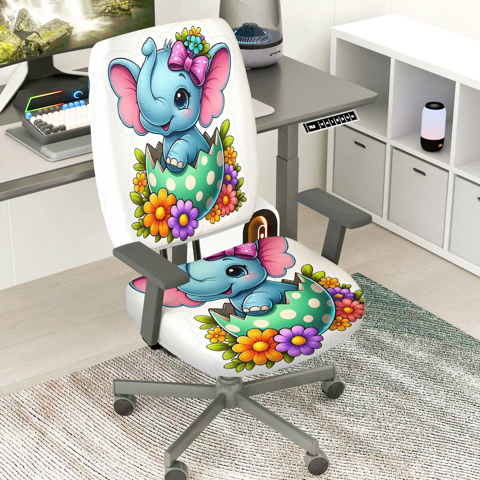 2-Piece Cute Colorful Floral Happy Easter  Computer Chair Cover Set, Seat and Backrest