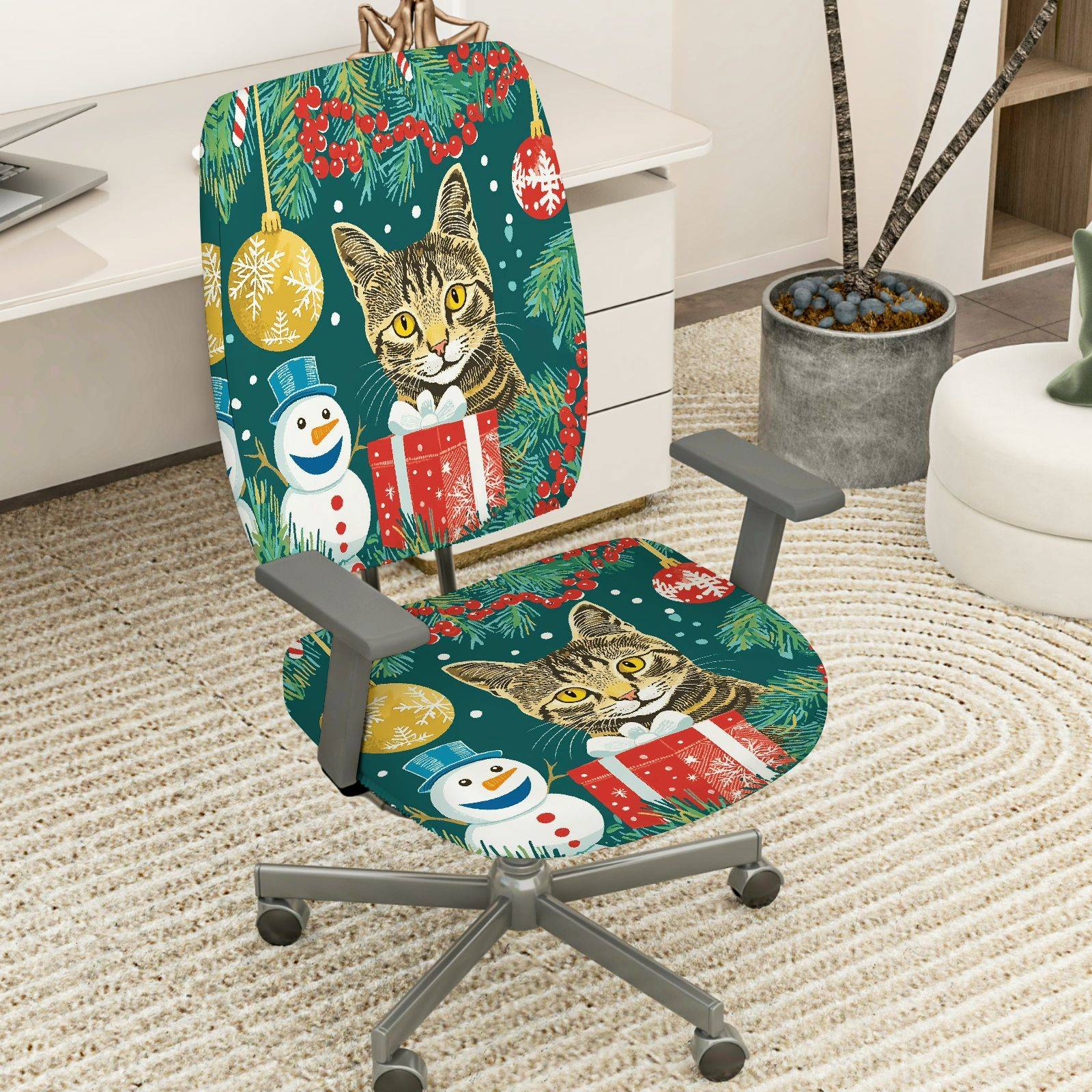 2-Piece Christmas Cat Snowman Gift Holiday  Computer Chair Cover Set, Seat and Backrest