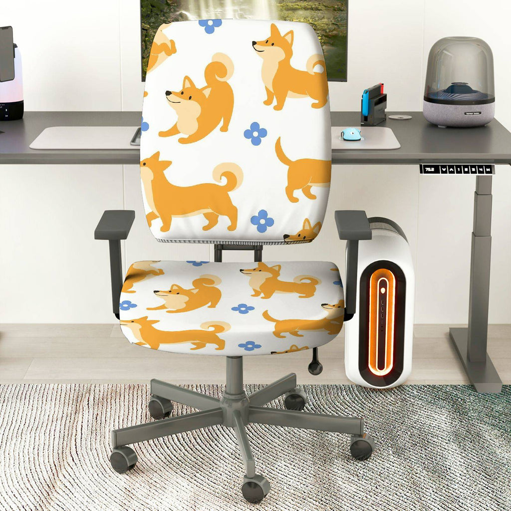 2-Piece Cute Dog Flower Pattern Printed  Computer Chair Cover Set, Seat and Backrest