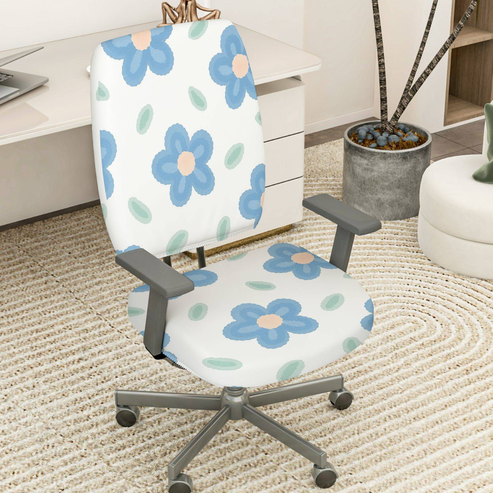 2-Piece Floral Pattern Cute Stylish Blue Leaf  Computer Chair Cover Set, Seat and Backrest