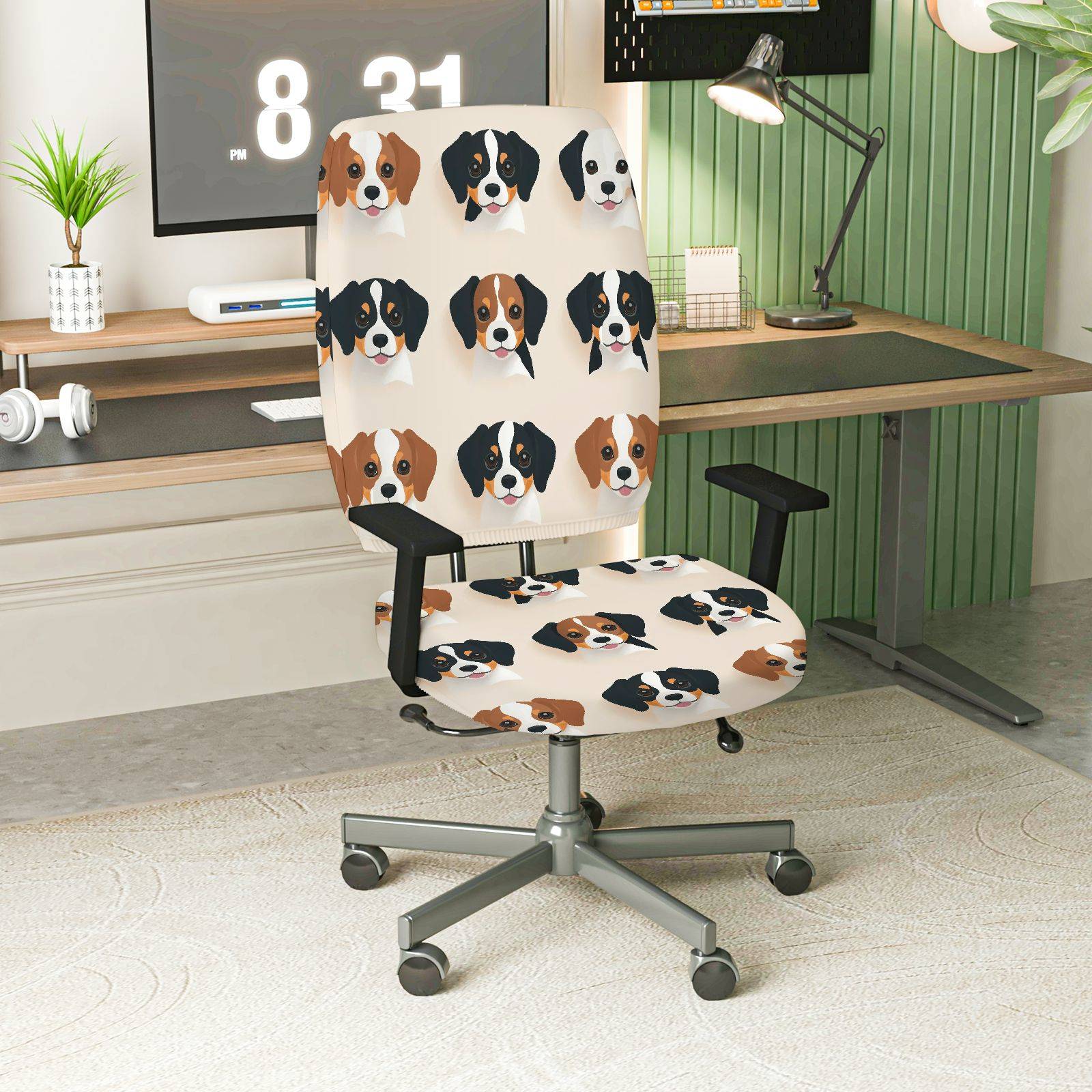 2-Piece Cute Dog Pattern Animal Print Fun  Computer Chair Cover Set, Seat and Backrest