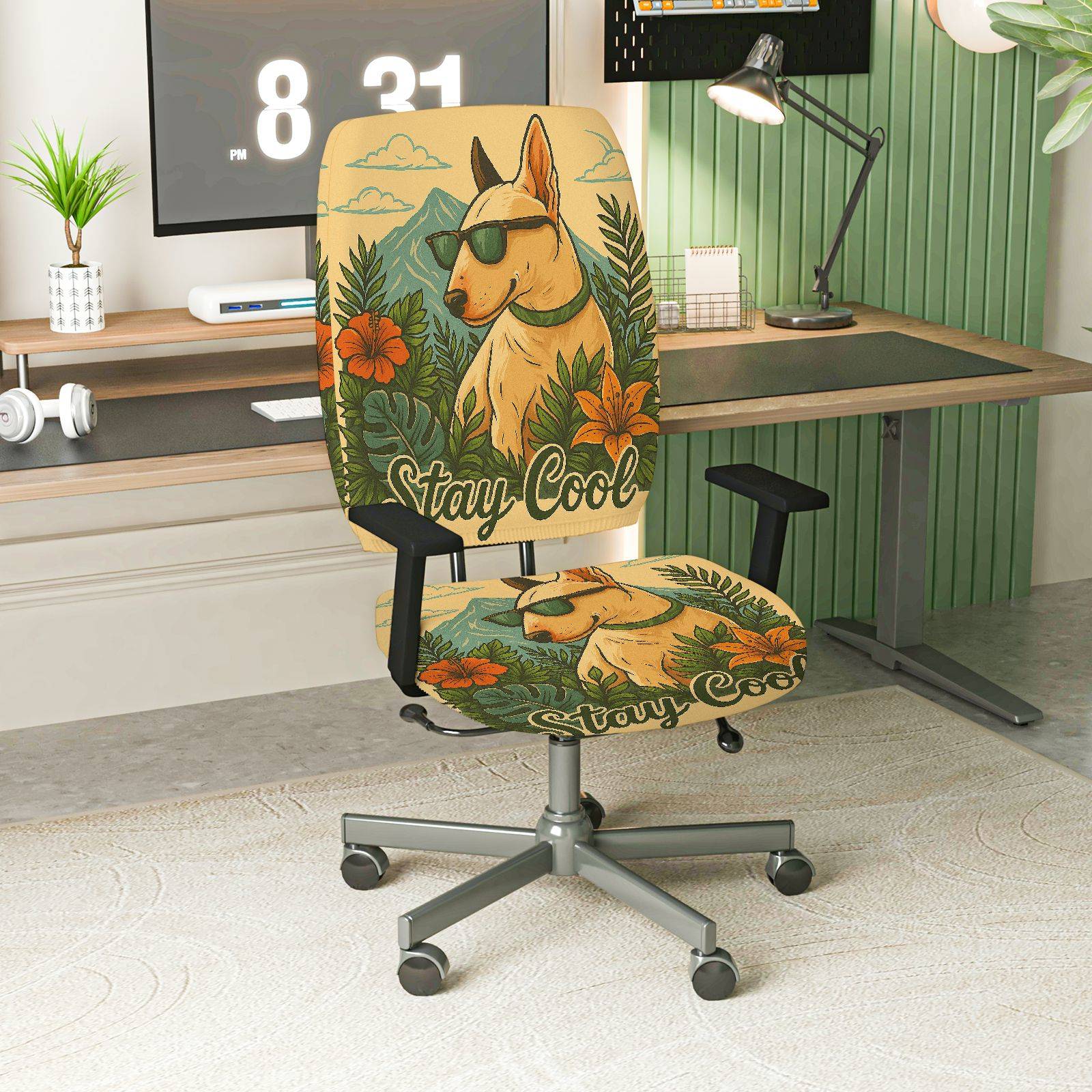 2-Piece Dog Cool Sunglasses Floral Tropical  Computer Chair Cover Set, Seat and Backrest