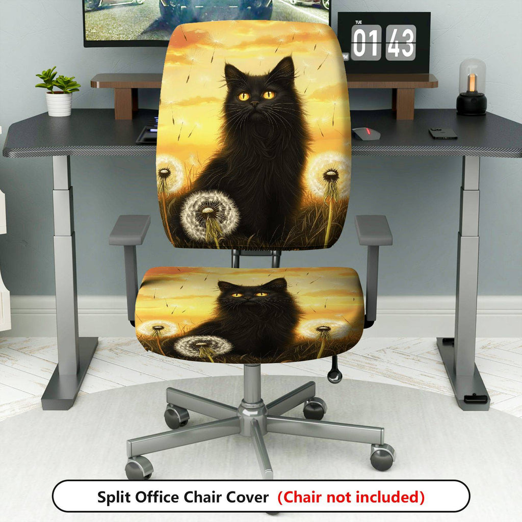 2-Piece Black Cat Dandelion Sunset Art Stylish  Computer Chair Cover Set, Seat and Backrest