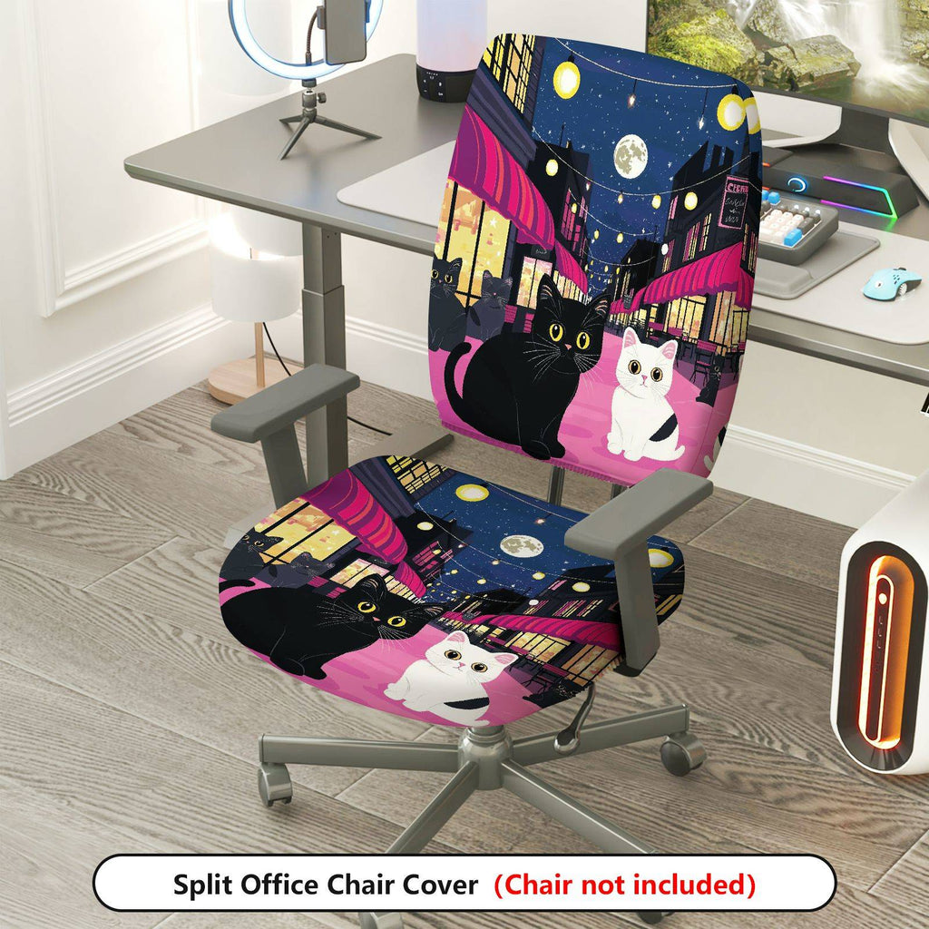 2-Piece Cat Night City Festival Decorative Moon  Computer Chair Cover Set, Seat and Backrest