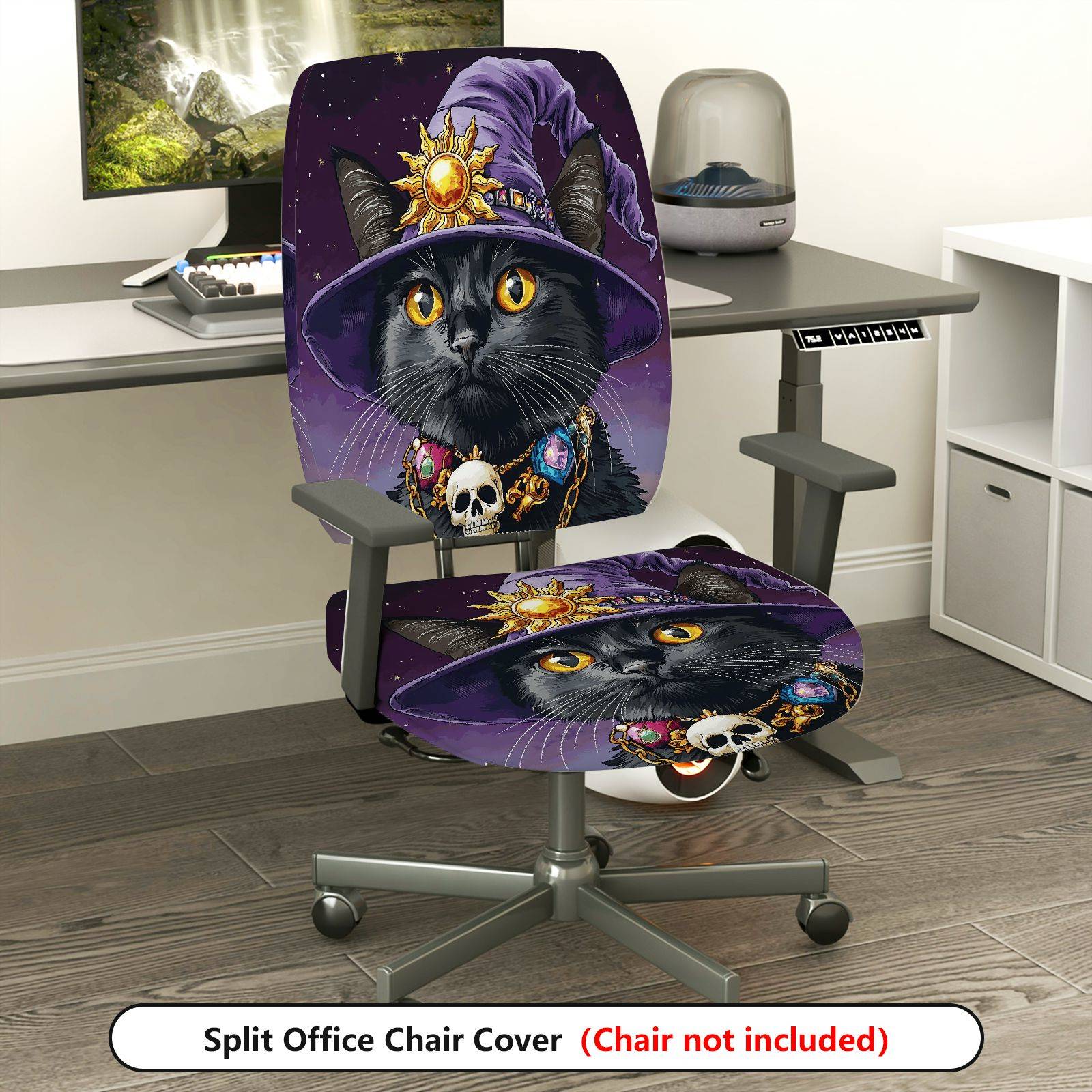 2-Piece Halloween Witch Cat Skull Magic  Computer Chair Cover Set, Seat and Backrest