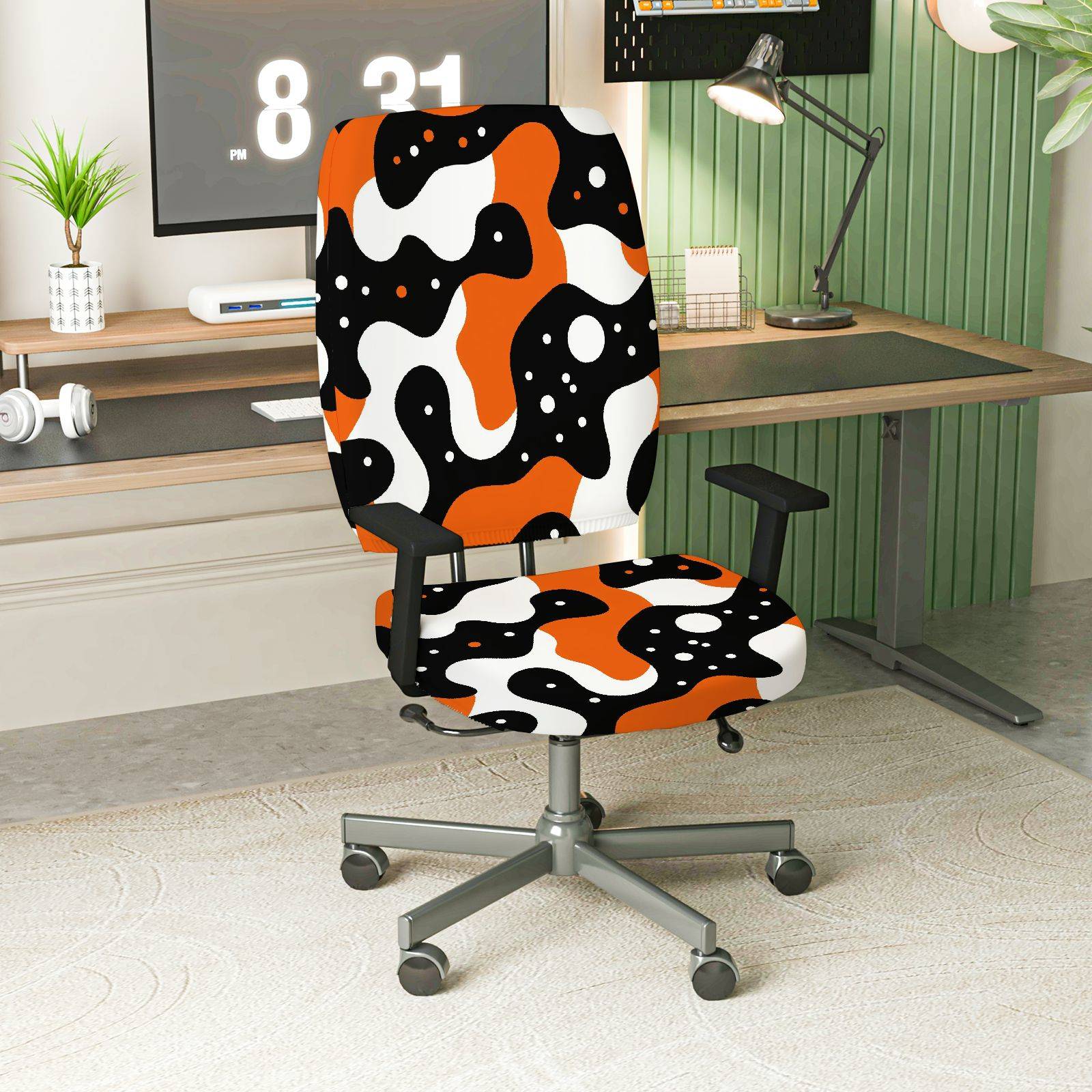 2-Piece Abstract Geometric Modern Art Style Orange Black White  Computer Chair Cover Set, Seat and Backrest