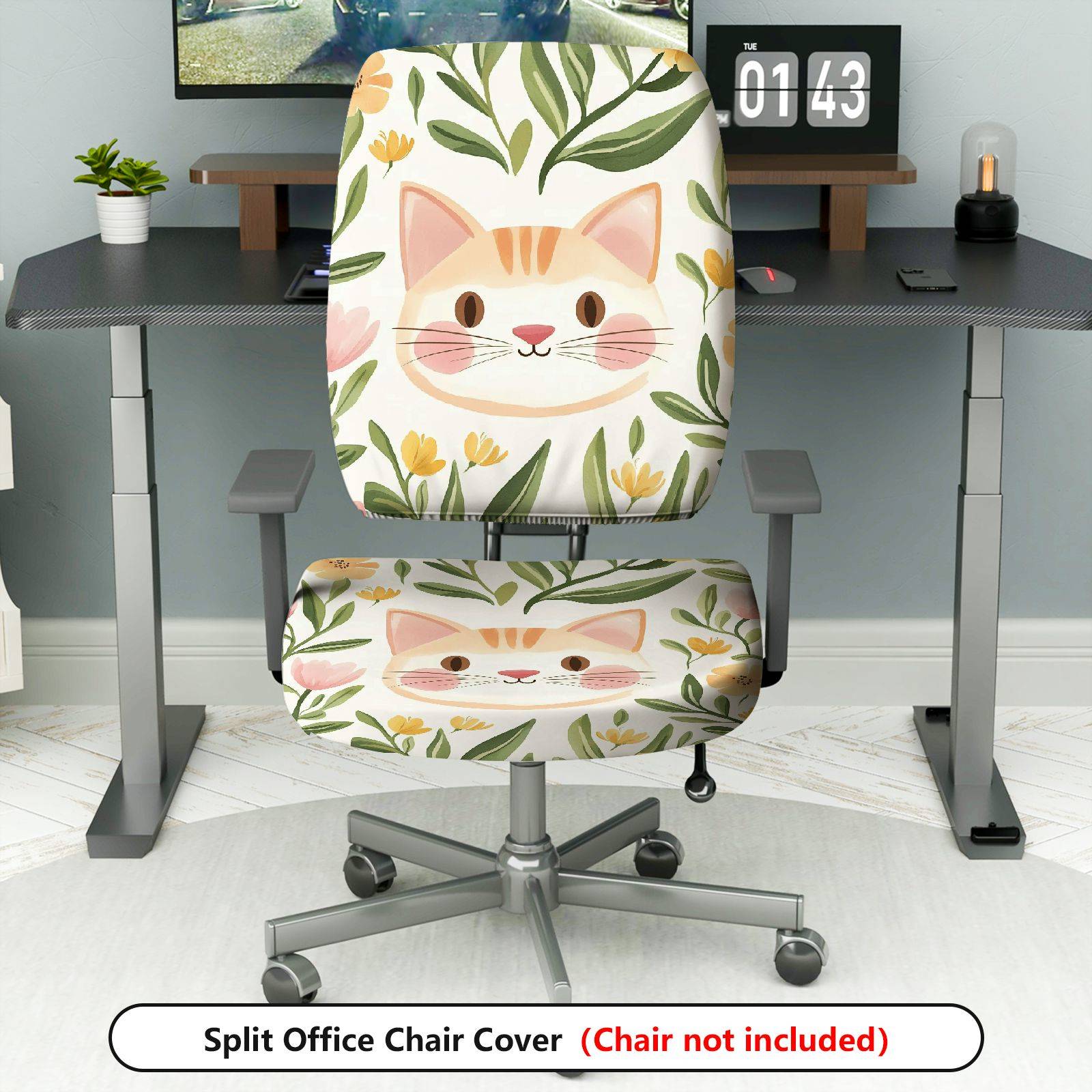 2-Piece Cute Cat Floral Pattern  Computer Chair Cover Set, Seat and Backrest