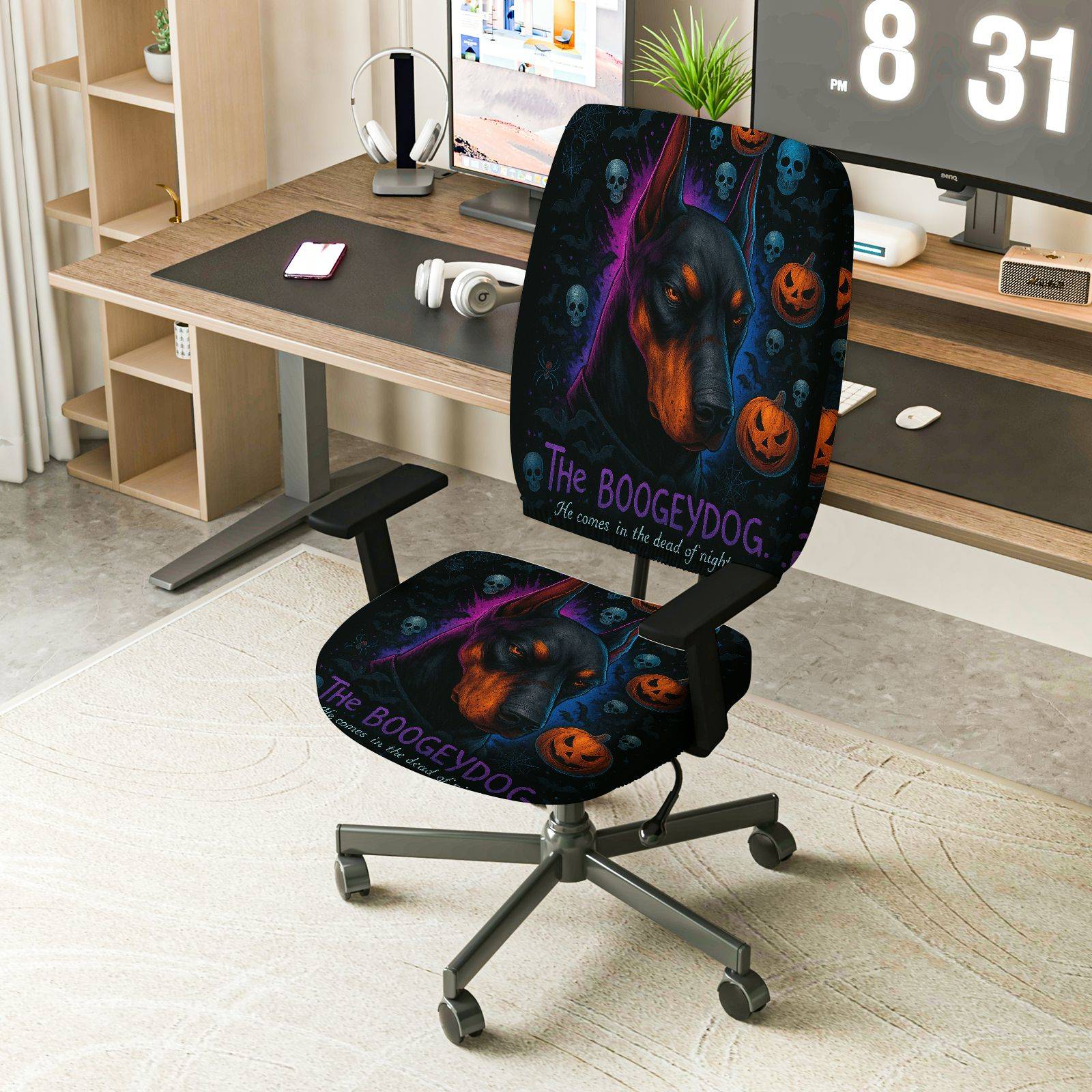 2-Piece Halloween Dog Pumpkin Skull Dark Horror  Computer Chair Cover Set, Seat and Backrest