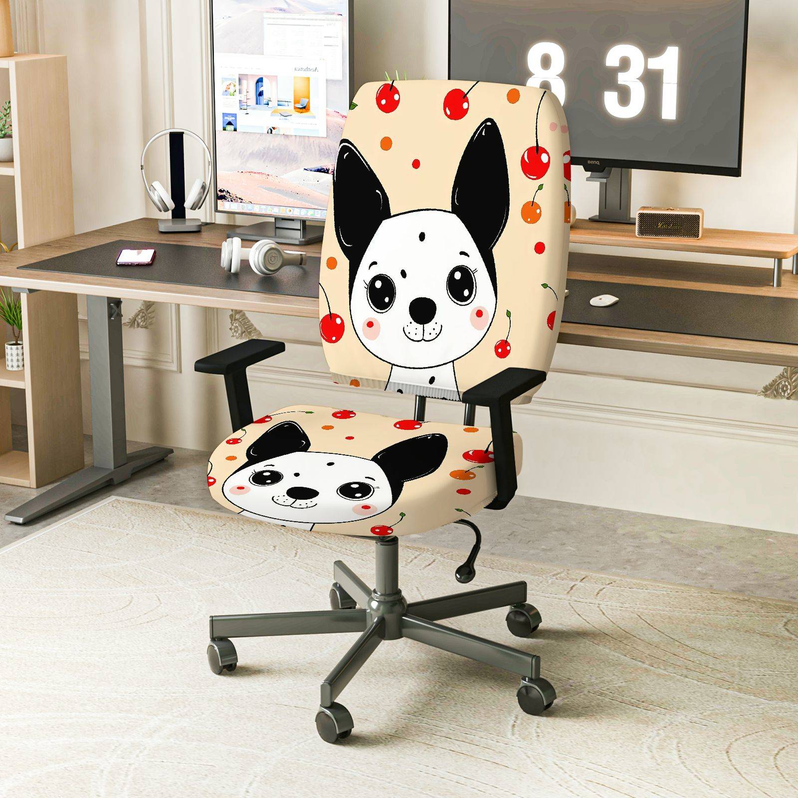2-Piece Cute Dog Cherry Fun Decorative  Computer Chair Cover Set, Seat and Backrest