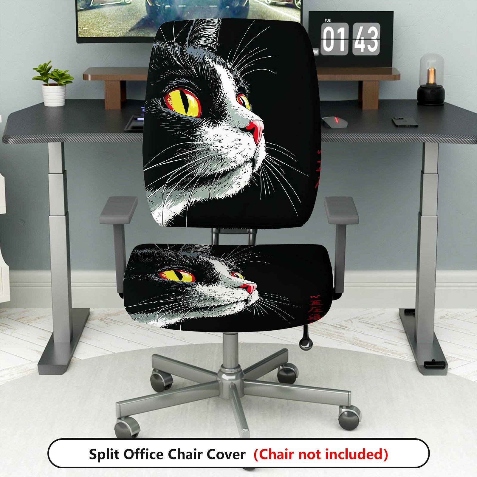 2-Piece Black Cat Animal Graphic Art Fun Fashion Halloween  Computer Chair Cover Set, Seat and Backrest
