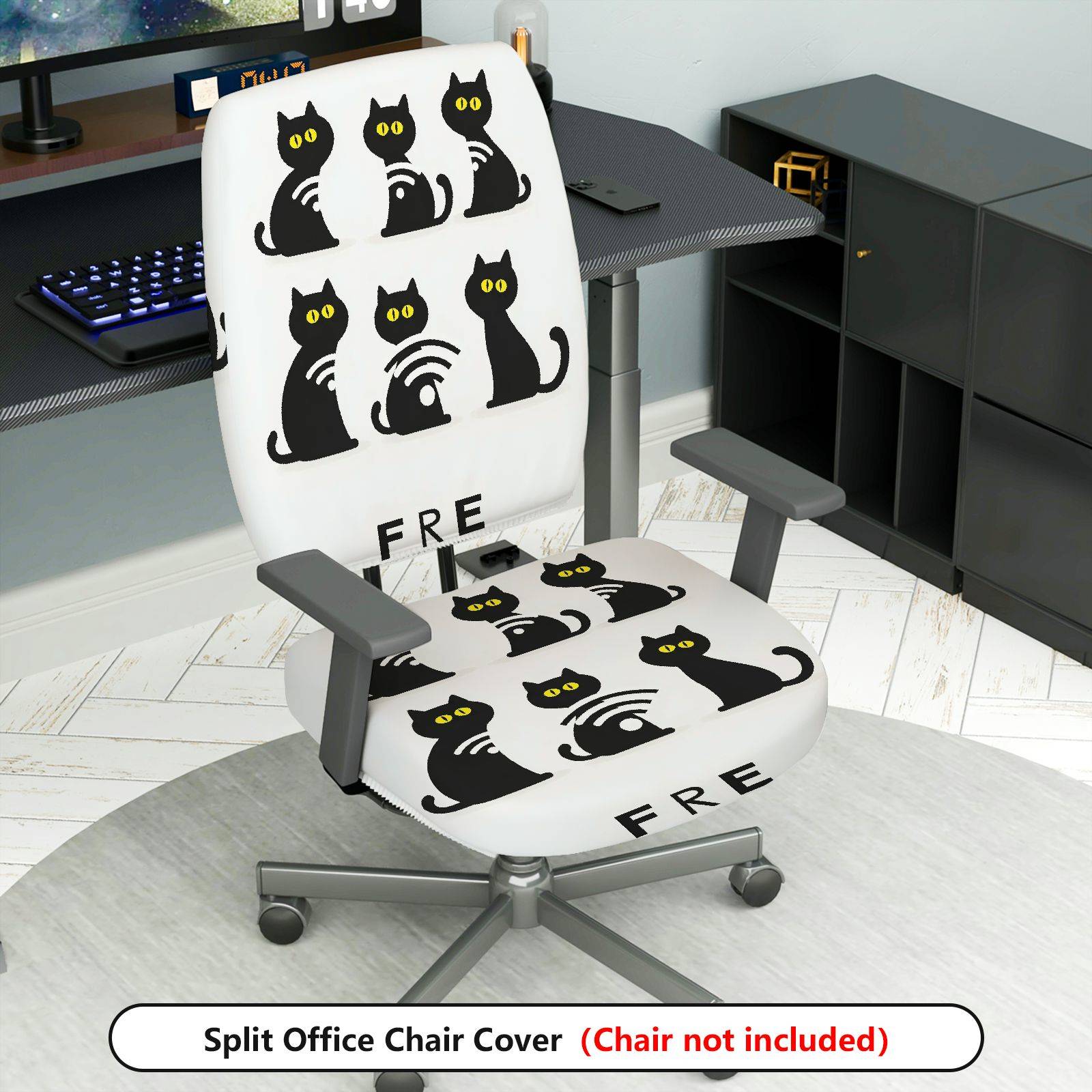 2-Piece Black cat pattern Halloween  Computer Chair Cover Set, Seat and Backrest