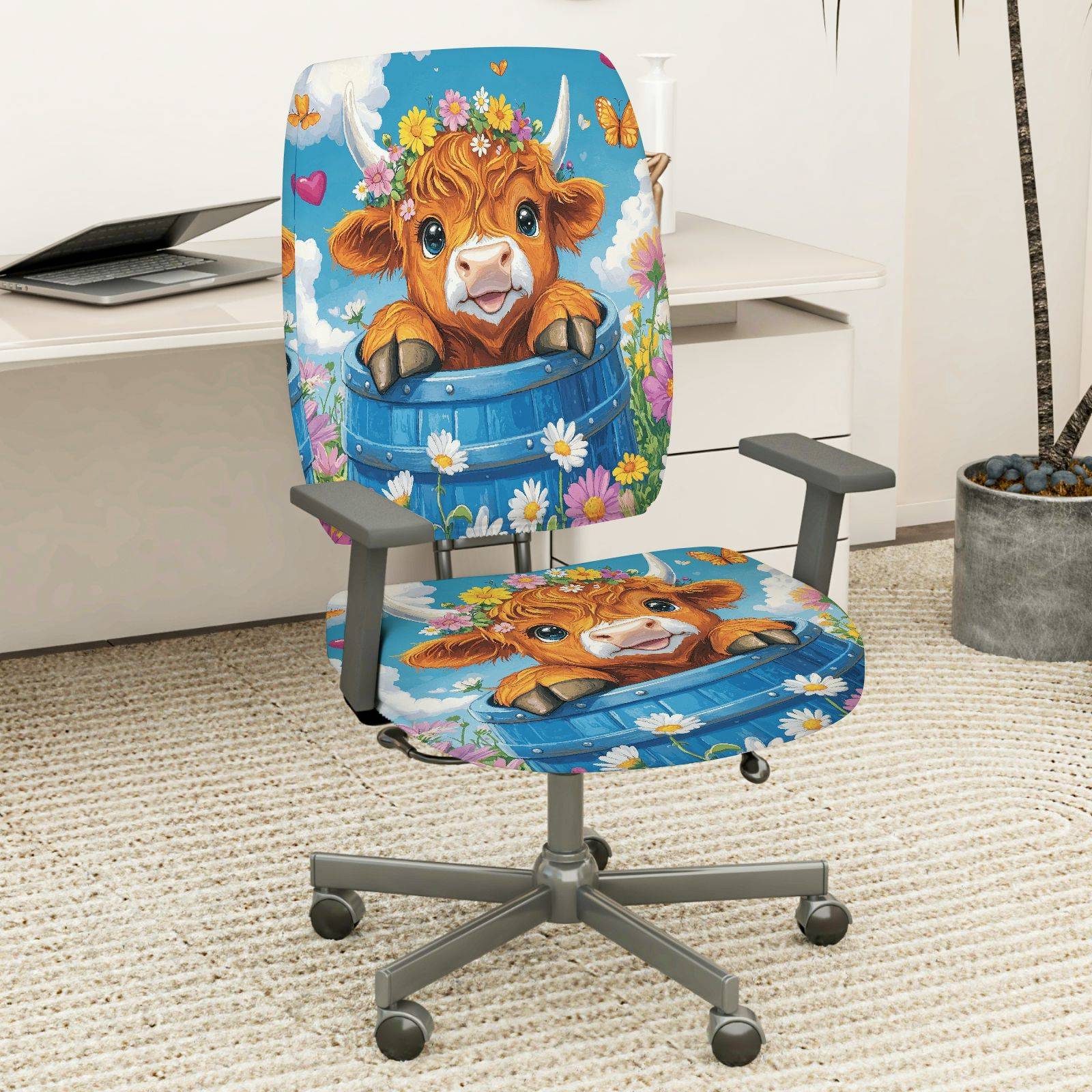 2-Piece Cute Cow Flower Garden Spring Summer  Computer Chair Cover Set, Seat and Backrest