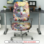 2-Piece Cute Cat Floral Spring Green Eyes Fantasy  Computer Chair Cover Set, Seat and Backrest