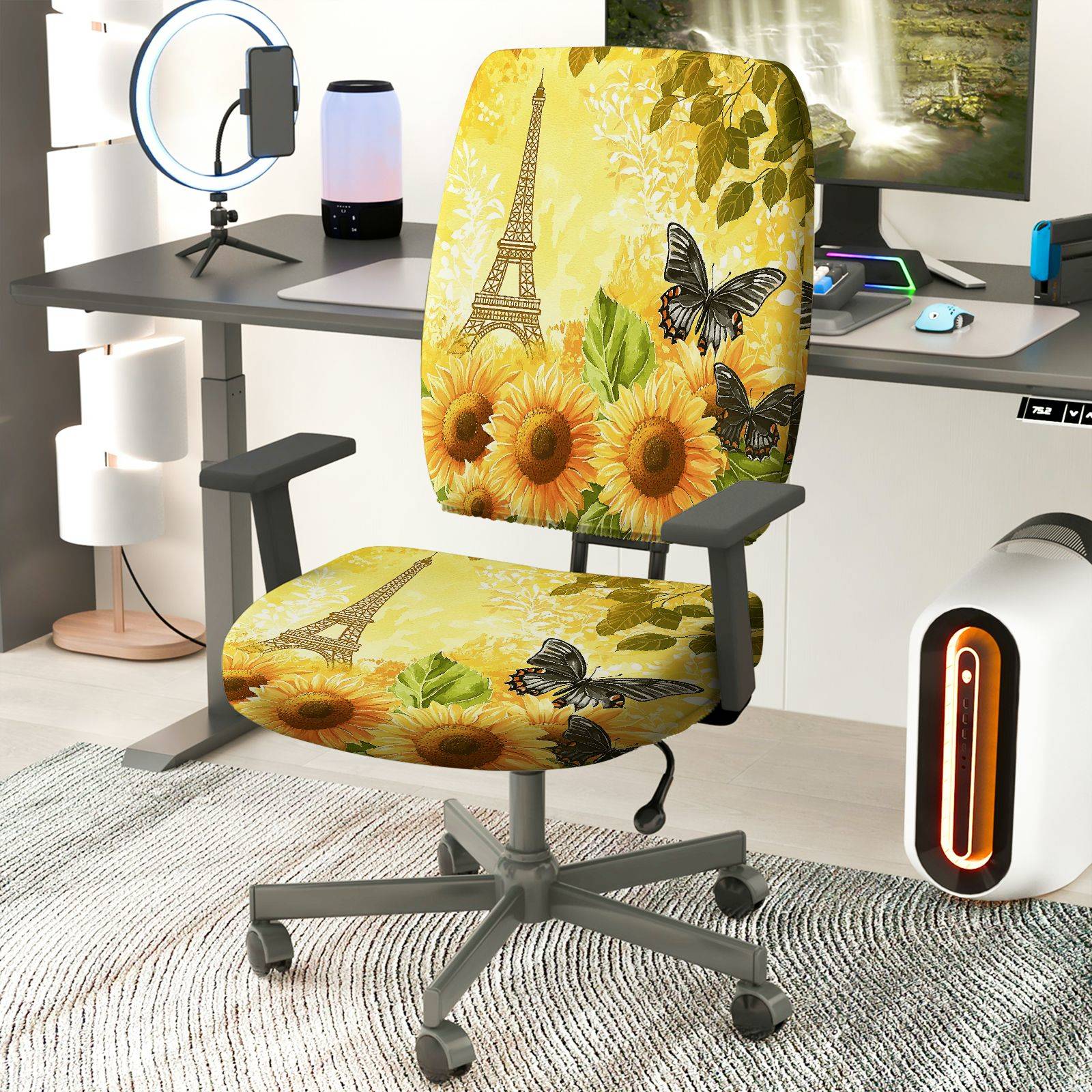 2-Piece Sunflower Butterfly Eiffel Tower Yellow Green  Computer Chair Cover Set, Seat and Backrest