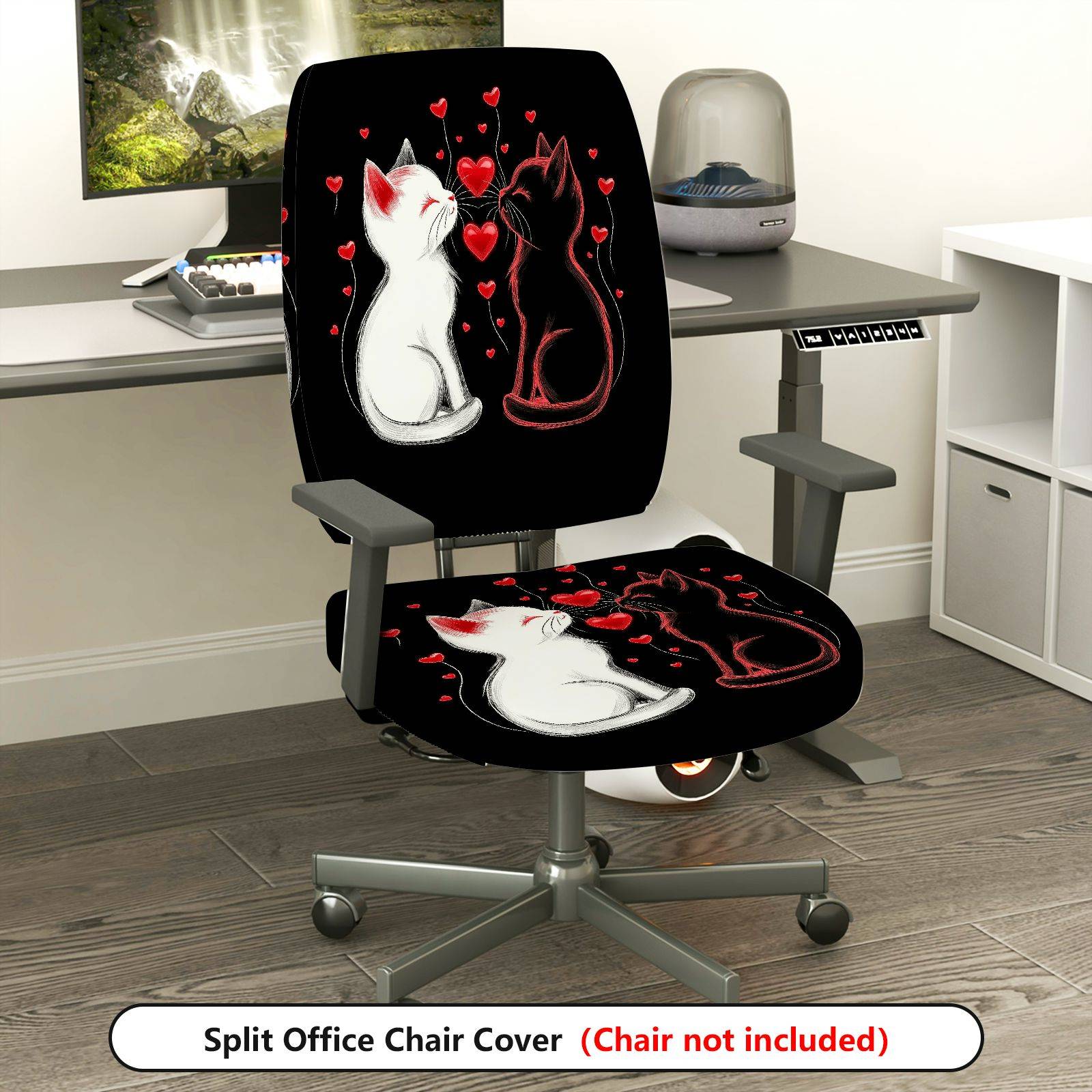 2-Piece Romantic Cats Love Hearts Valentine  Computer Chair Cover Set, Seat and Backrest