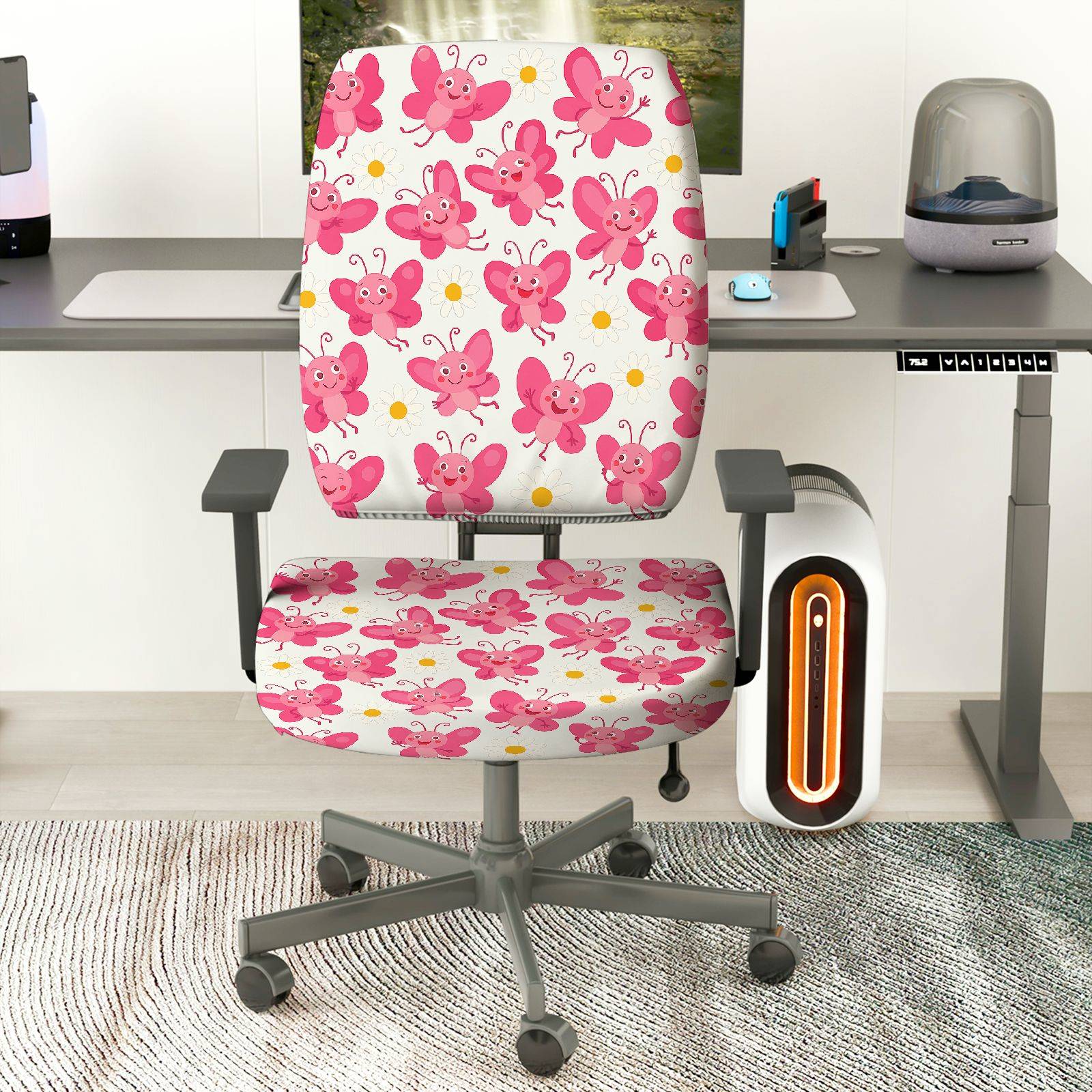 2-Piece Pink Butterfly Floral Cute  Computer Chair Cover Set, Seat and Backrest