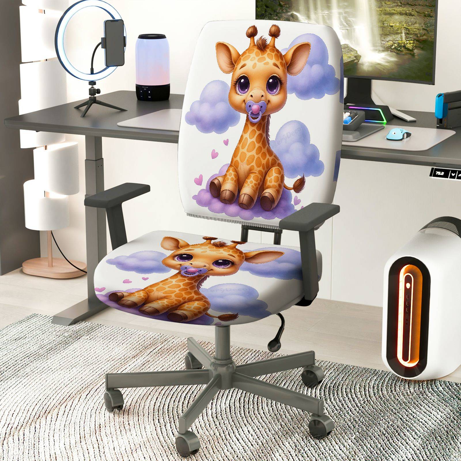 2-Piece Cute Giraffe Clouds Hearts Animal  Computer Chair Cover Set, Seat and Backrest