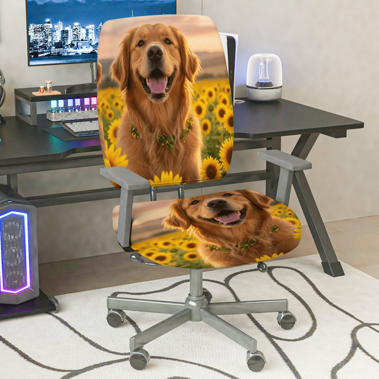 2-Piece Dog Sunflower Nature Joyful Happy  Computer Chair Cover Set, Seat and Backrest