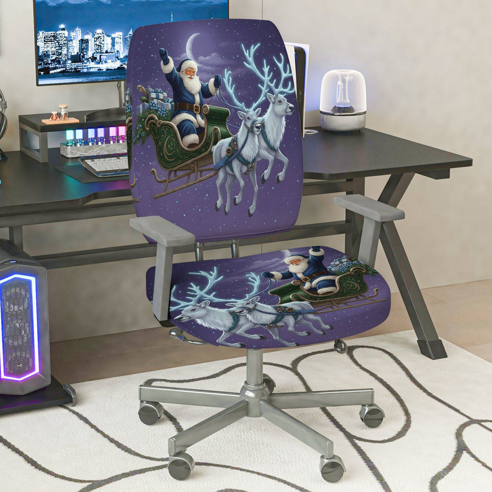 2-Piece Christmas Santa Sleigh Reindeer Moonlight Night  Computer Chair Cover Set, Seat and Backrest