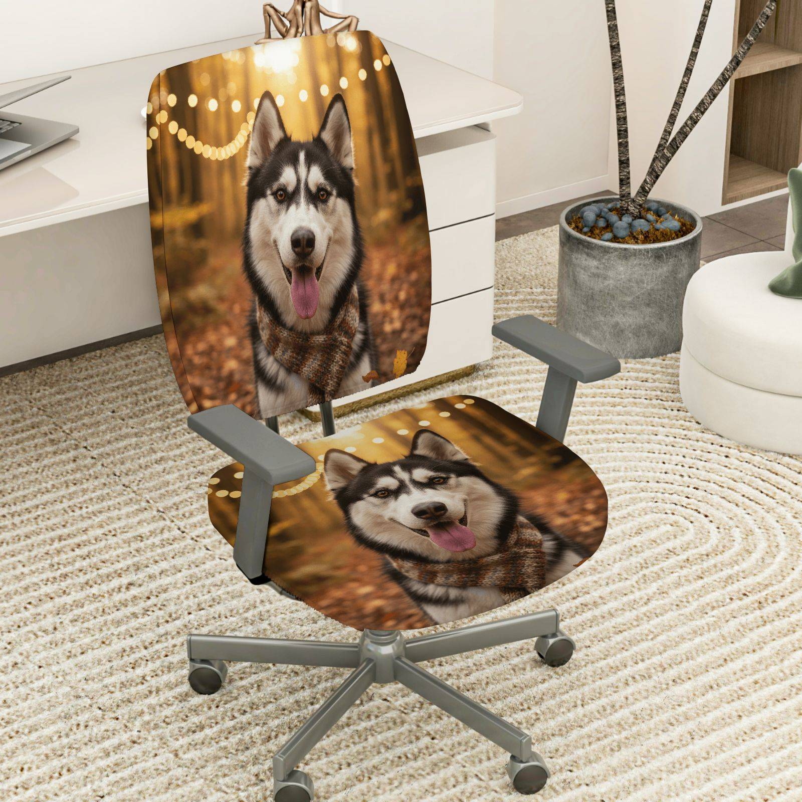 2-Piece Husky Dog Pattern Festive Living Room Decoration  Computer Chair Cover Set, Seat and Backrest