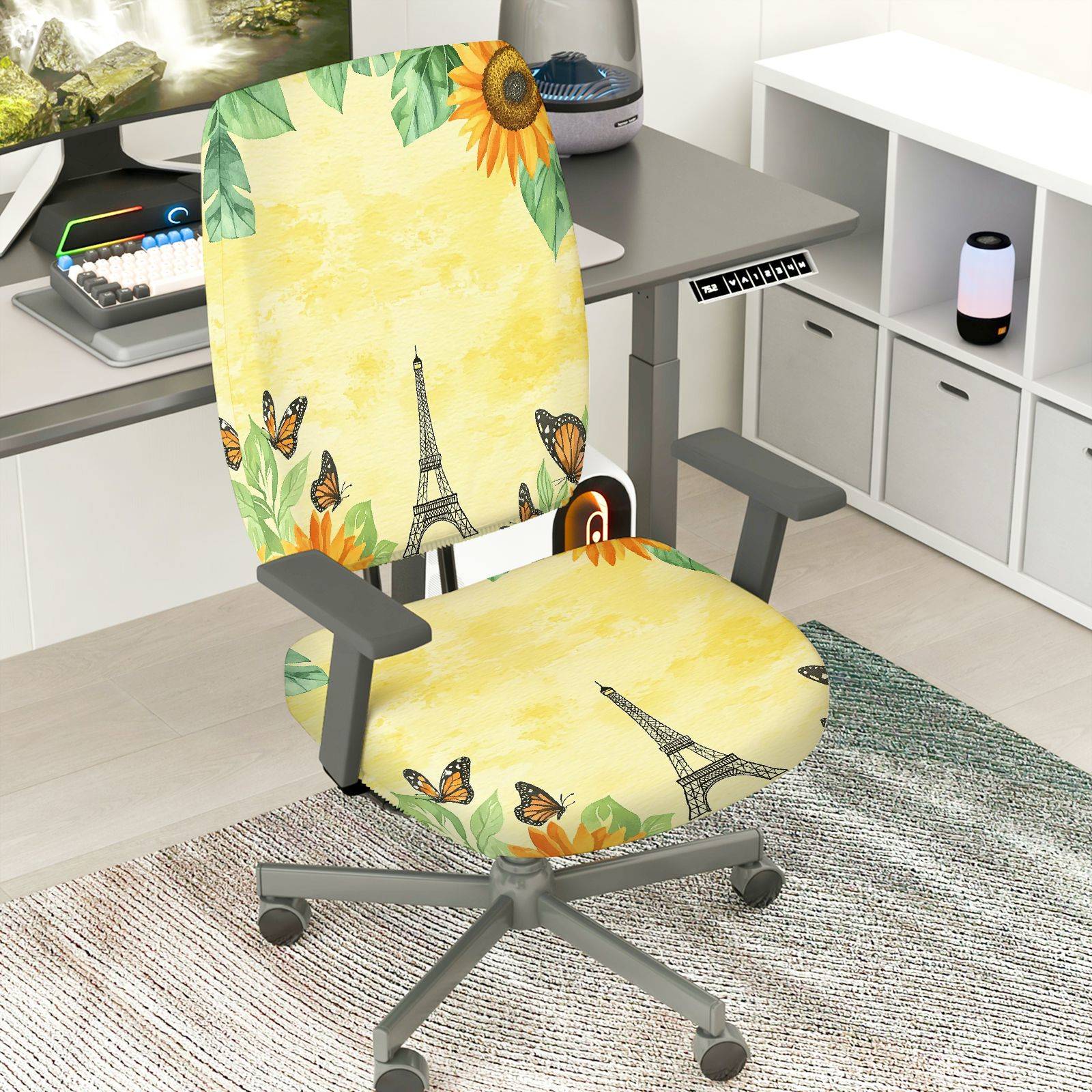 2-Piece Floral Eiffel Tower Butterfly Sunflower Vintage  Computer Chair Cover Set, Seat and Backrest