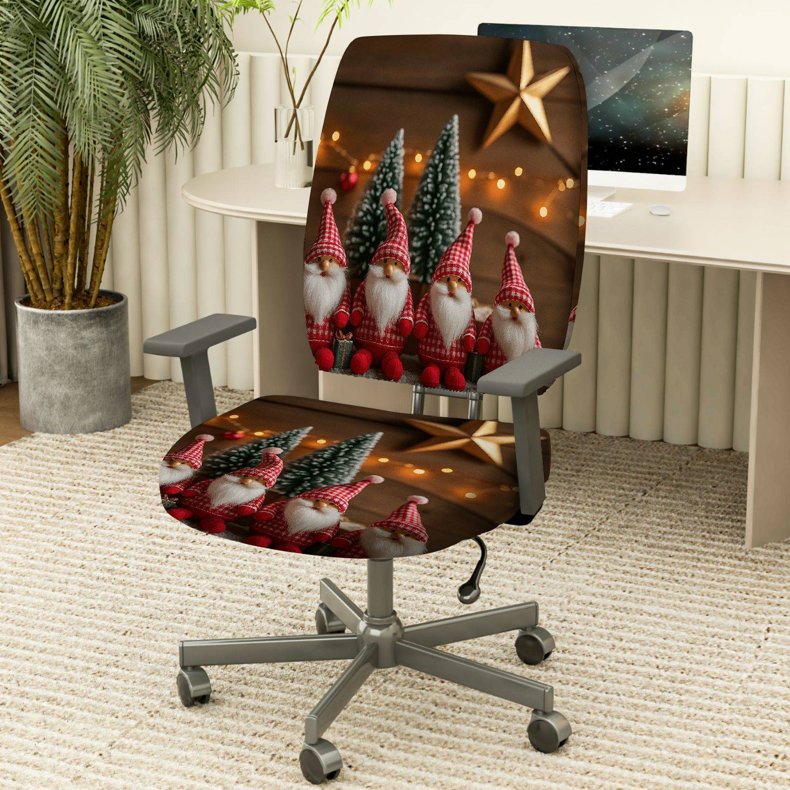 2-Piece Christmas Gnome Tree Star  Computer Chair Cover Set, Seat and Backrest