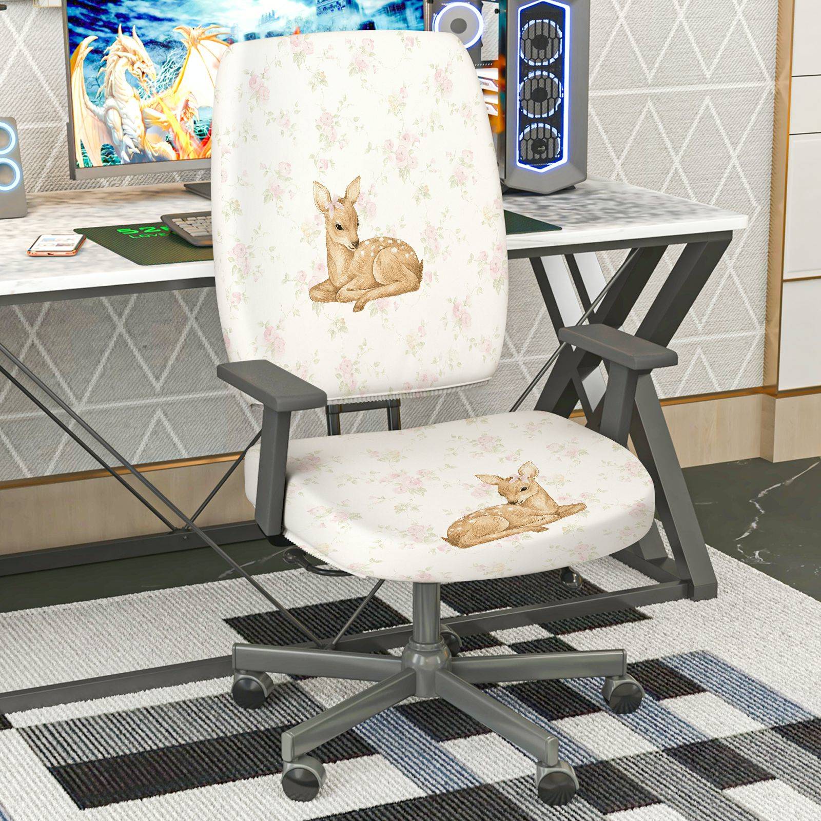 2-Piece Deer Floral Pastoral Cute Decorative  Computer Chair Cover Set, Seat and Backrest