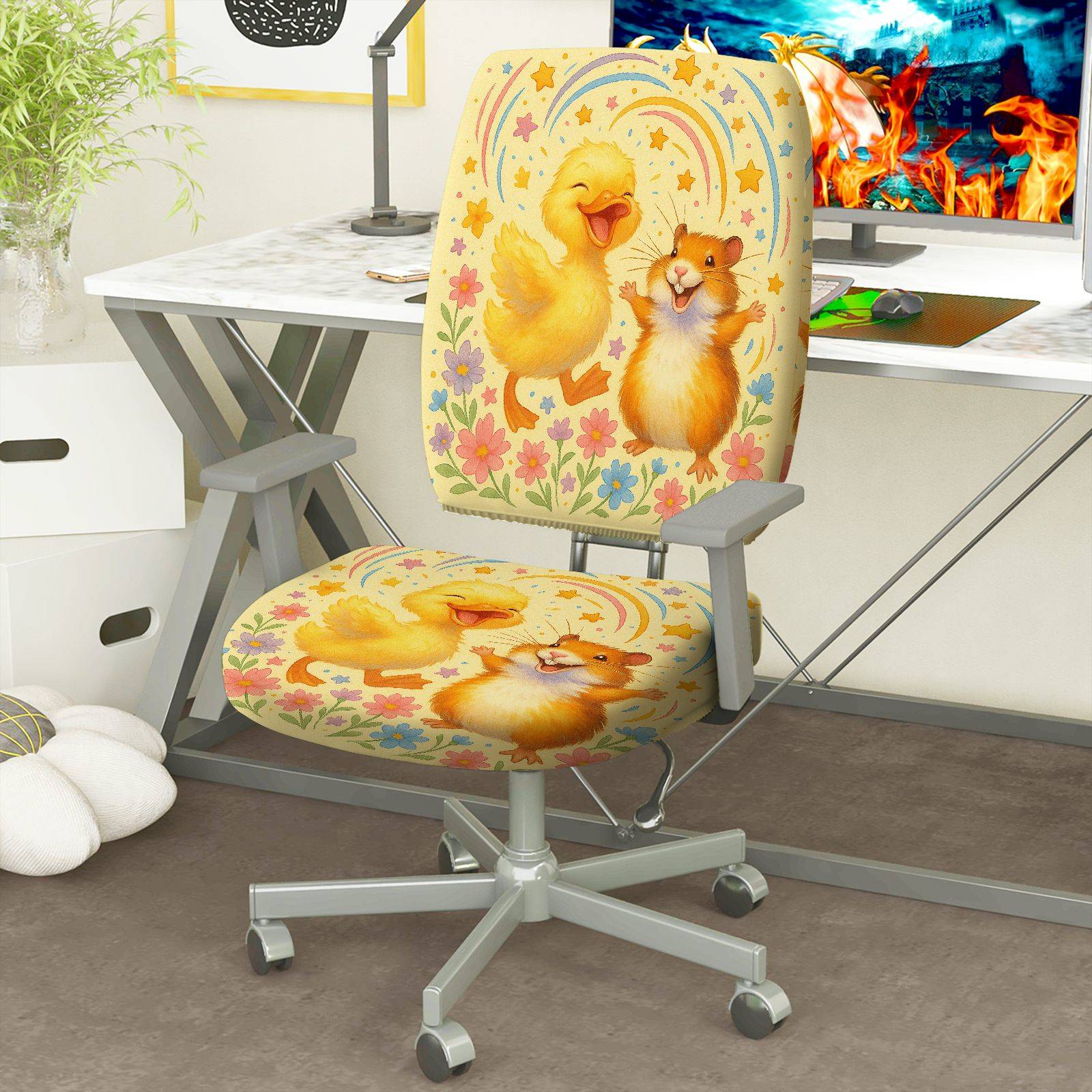 2-Piece Adorable Animal Rainbow Floral Star  Computer Chair Cover Set, Seat and Backrest