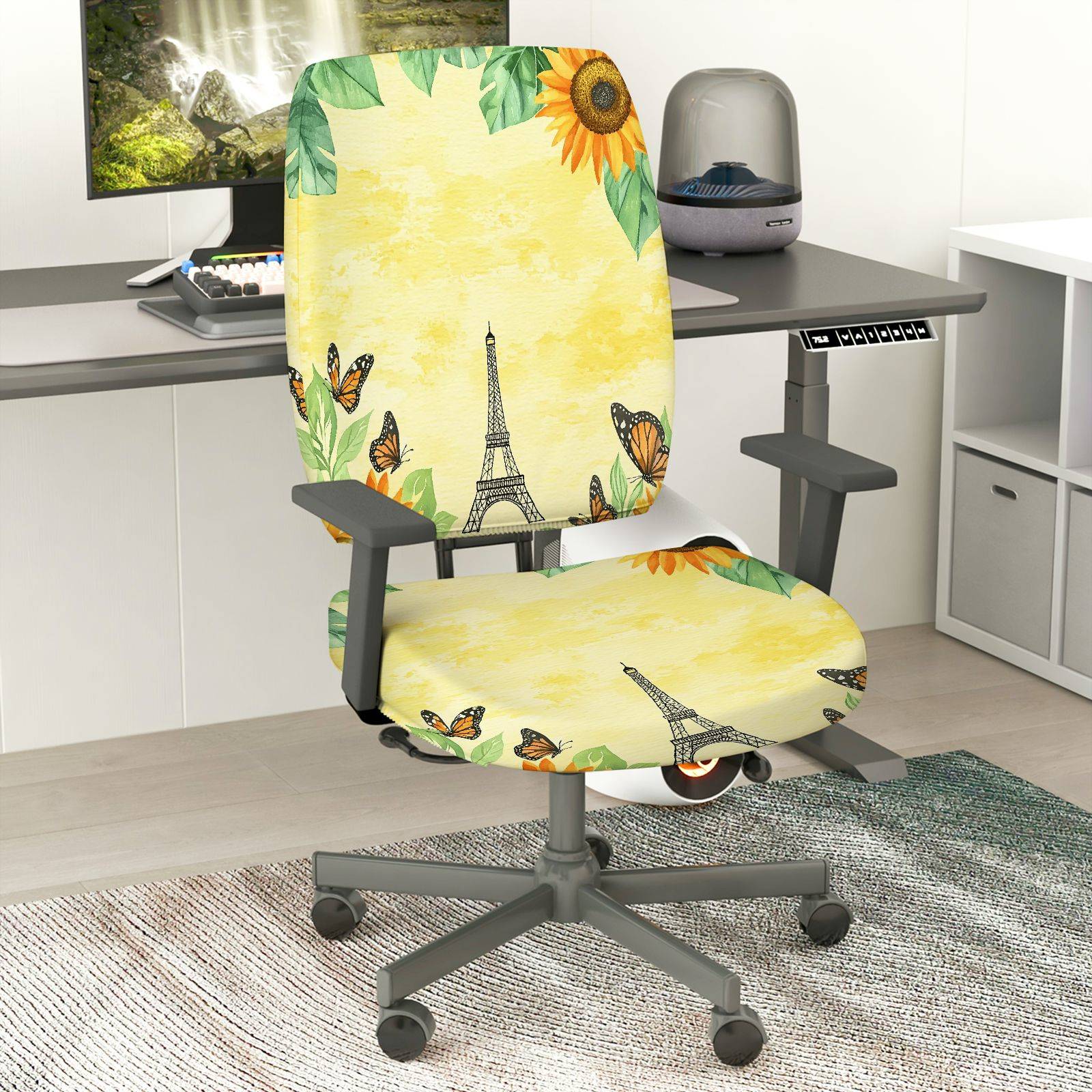 2-Piece Floral Eiffel Tower Butterfly Sunflower Vintage  Computer Chair Cover Set, Seat and Backrest