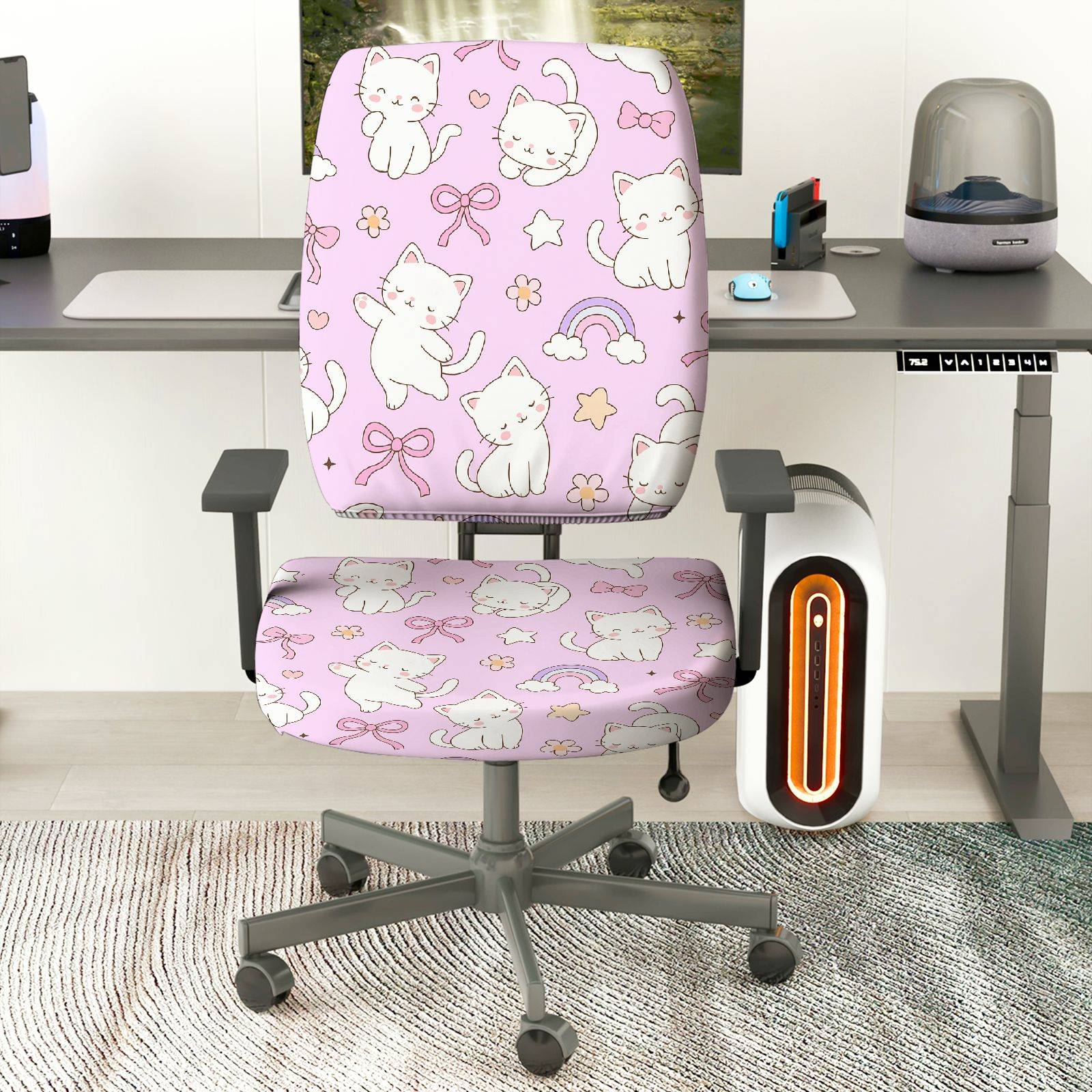 2-Piece Pink Cat Rainbow Bow Star  Computer Chair Cover Set, Seat and Backrest