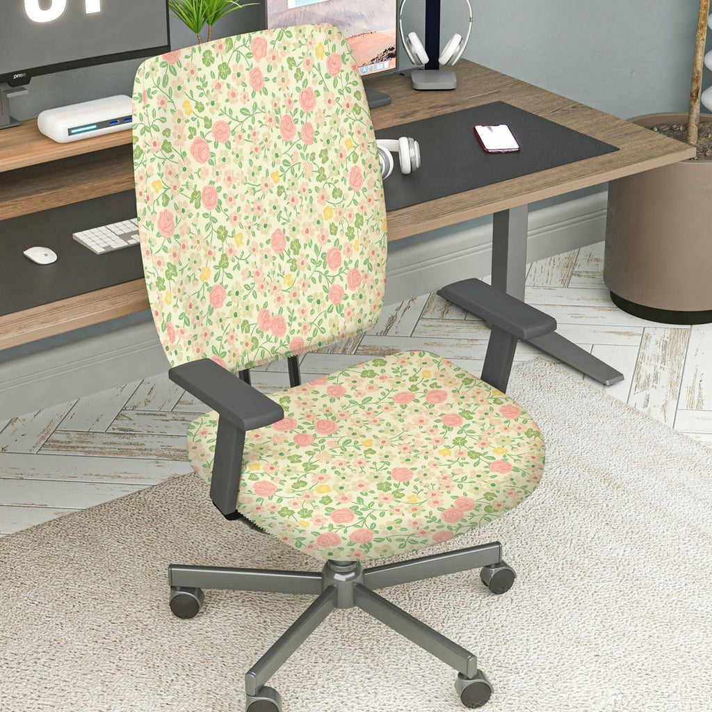 2-Piece Floral Pattern Rose Print Garden Style Flower  Computer Chair Cover Set, Seat and Backrest